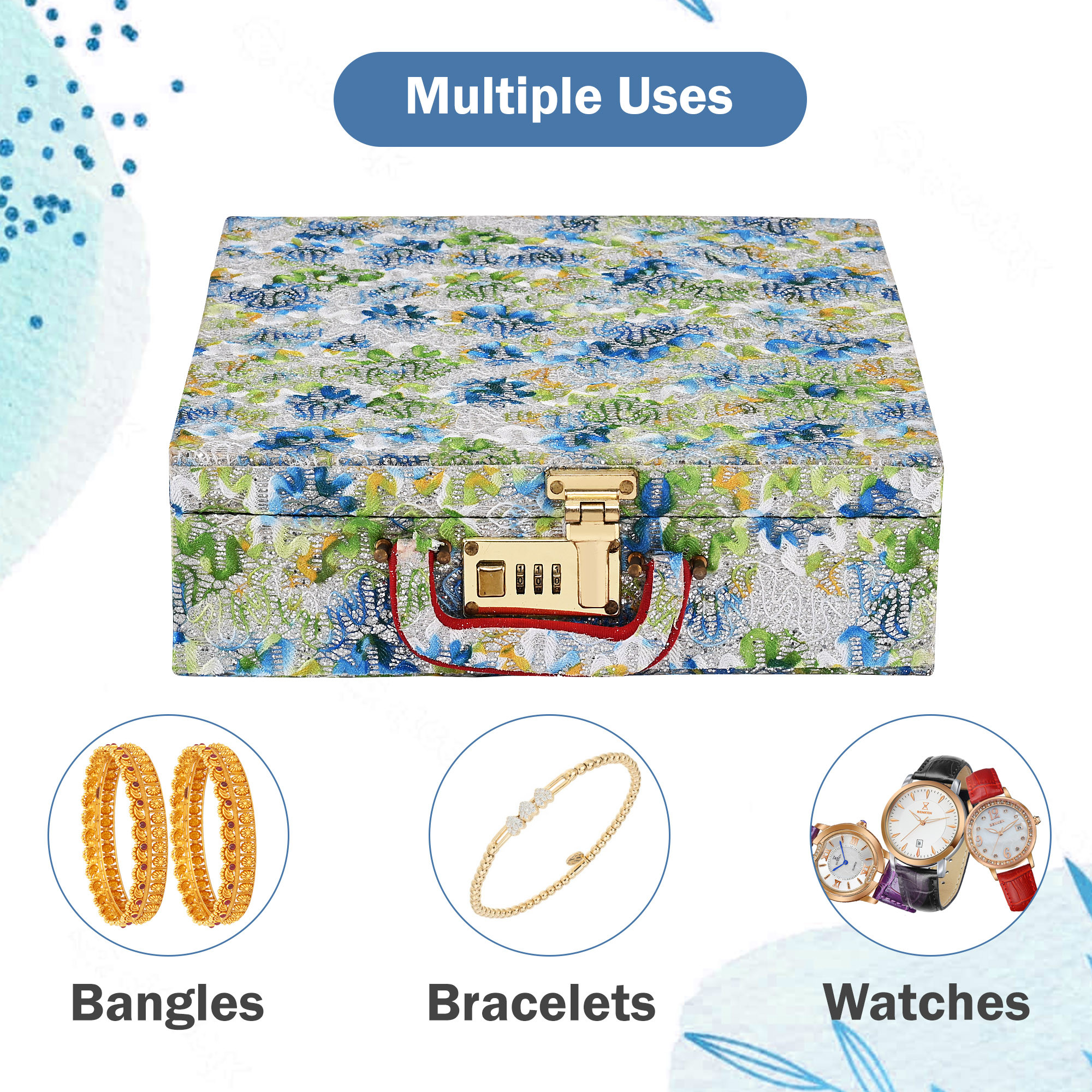 Kuber Industries Jewelry Bangle Box  Jewellery Case Organizer 4 Rod Bangles Box for Women  Velvet Jewelry Box  Storage Organizer  Watch Organizer Printed Green  Blue