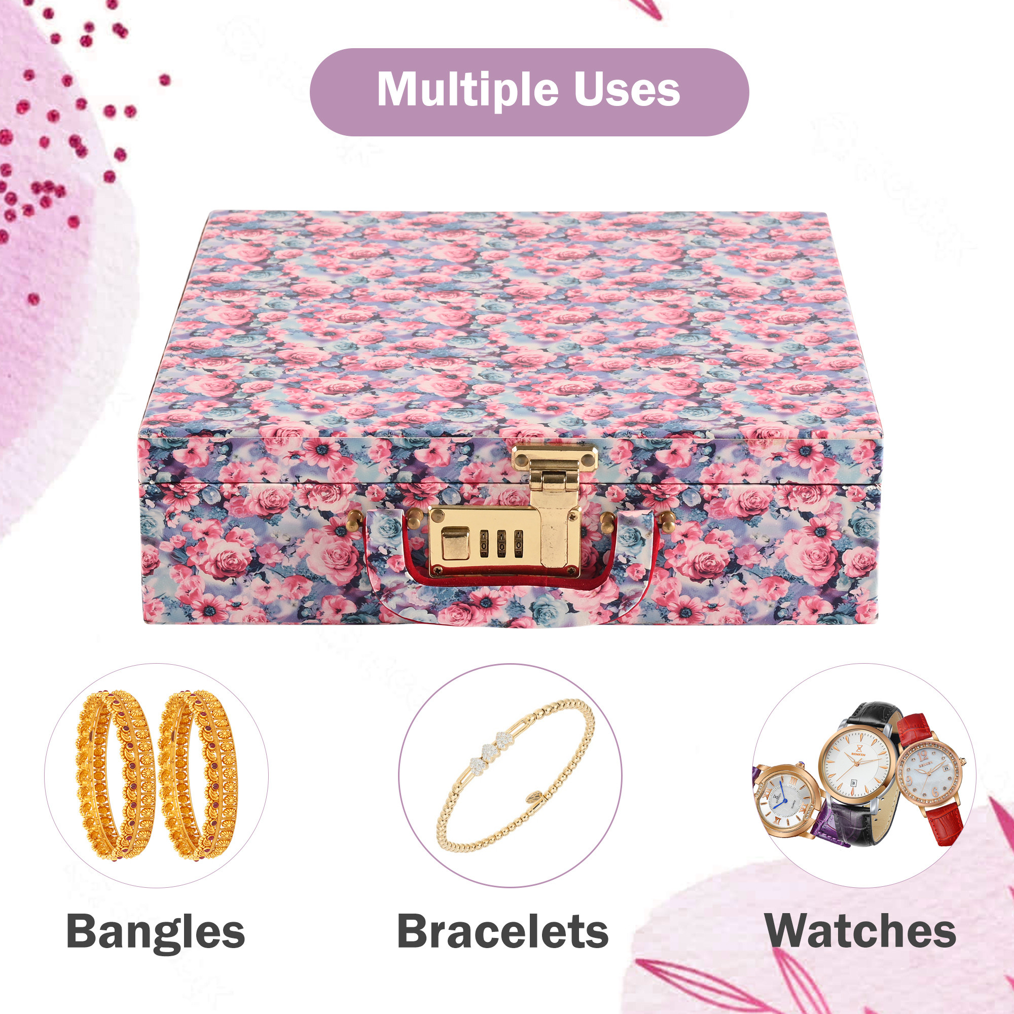 Kuber Industries Jewelry Bangle Box  Jewellery Case Organizer 4 Rod Bangles Box for Women  Velvet Jewelry Box  Storage Organizer  Watch Organizer Printed Pink  Blue