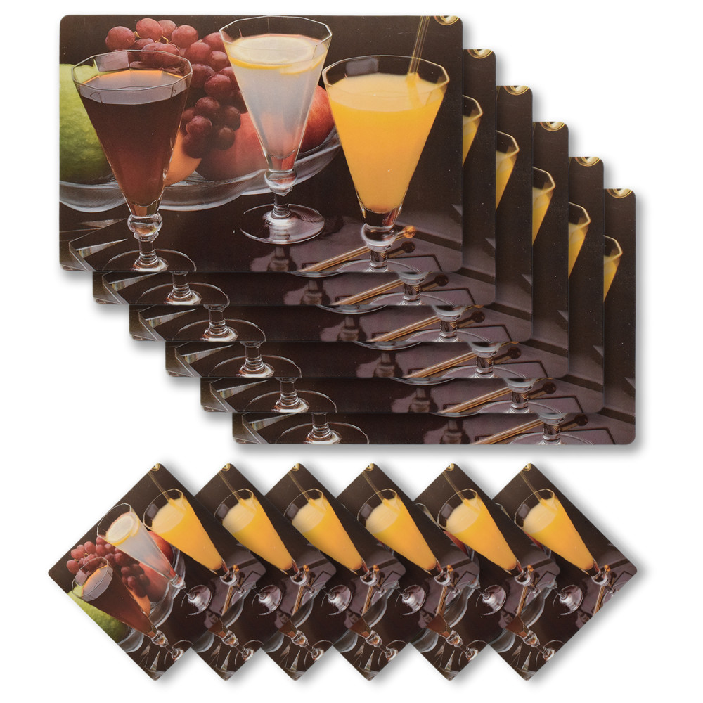 Kuber Industries Juice Glass Print PVC Table Mats /Placemat With 6 Coasters For kitchen, Dining Table Set of 6 (Brown) 54KM4380