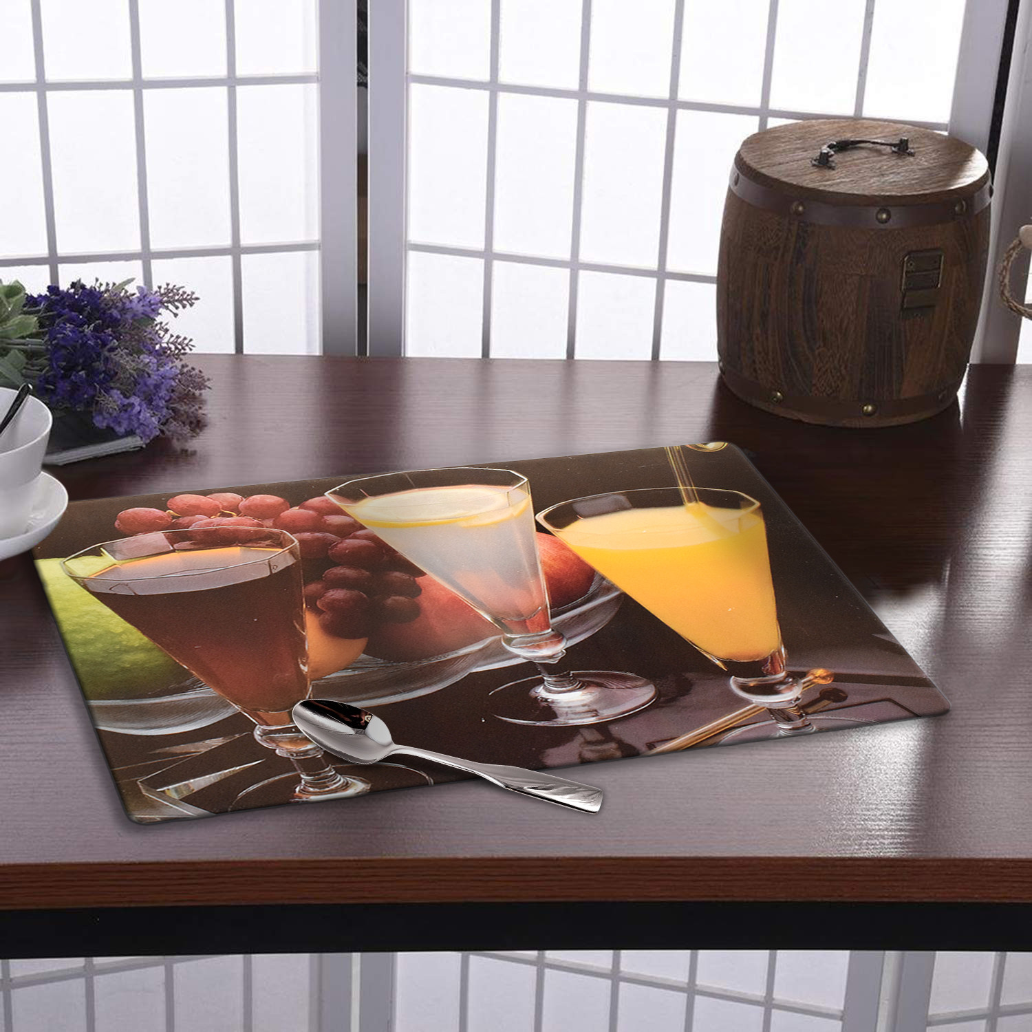 Kuber Industries Juice Glass Print PVC Table Mats /Placemat With 6 Coasters For kitchen, Dining Table Set of 6 (Brown) 54KM4380