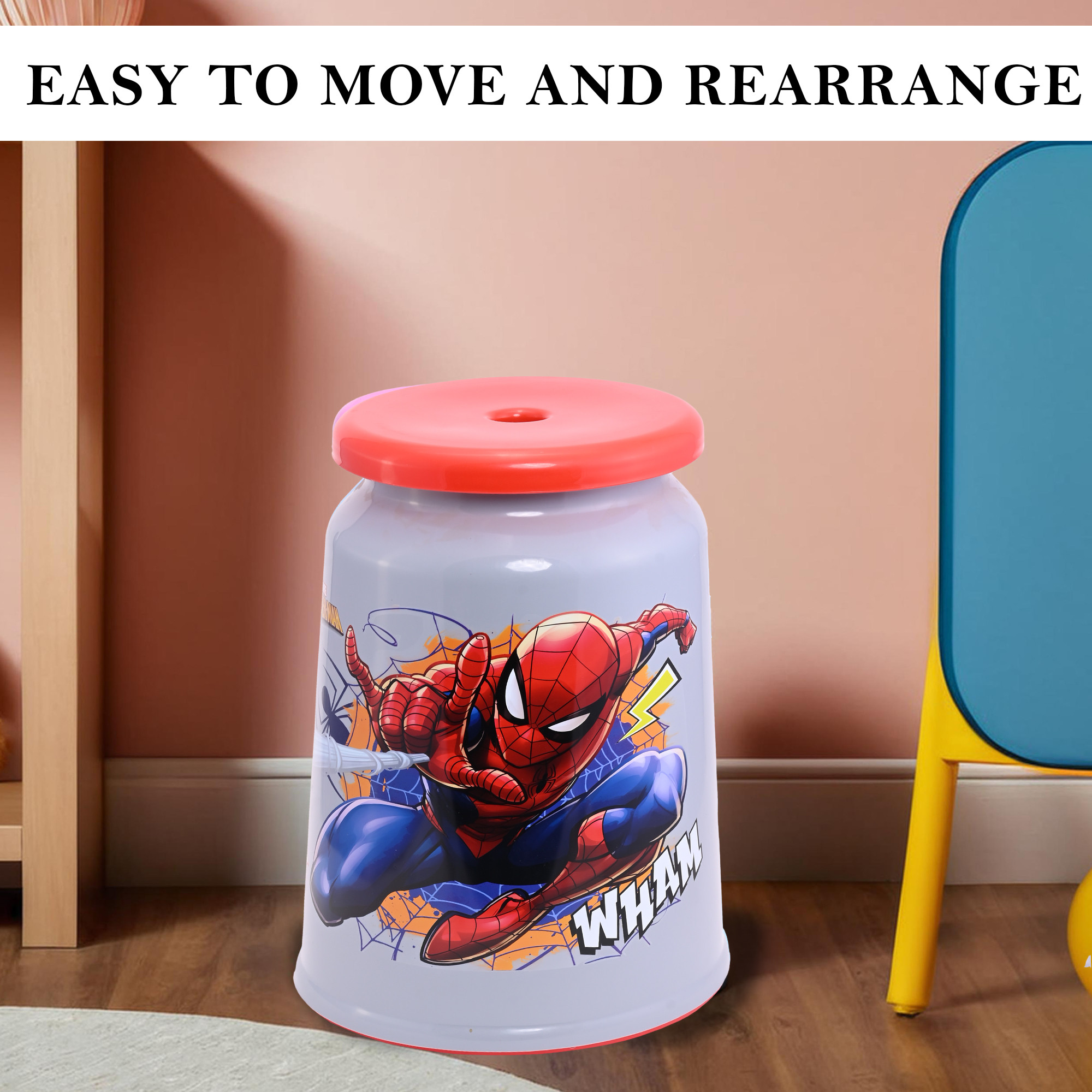 Kuber Industries Jumbo Size Marvel Spiderman Plastic Stool for Sitting With Round Shape  Multipurpose  Sturdy Kids Bath Stool for Kitchen Bathrooms  Living Room  Grey  Red