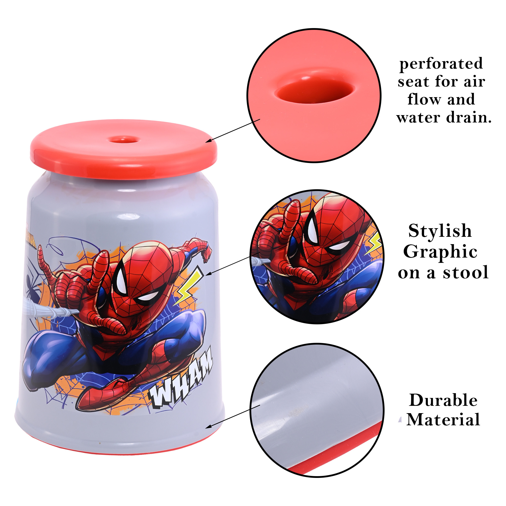 Kuber Industries Jumbo Size Marvel Spiderman Plastic Stool for Sitting With Round Shape  Multipurpose  Sturdy Kids Bath Stool for Kitchen Bathrooms  Living Room  Grey  Red