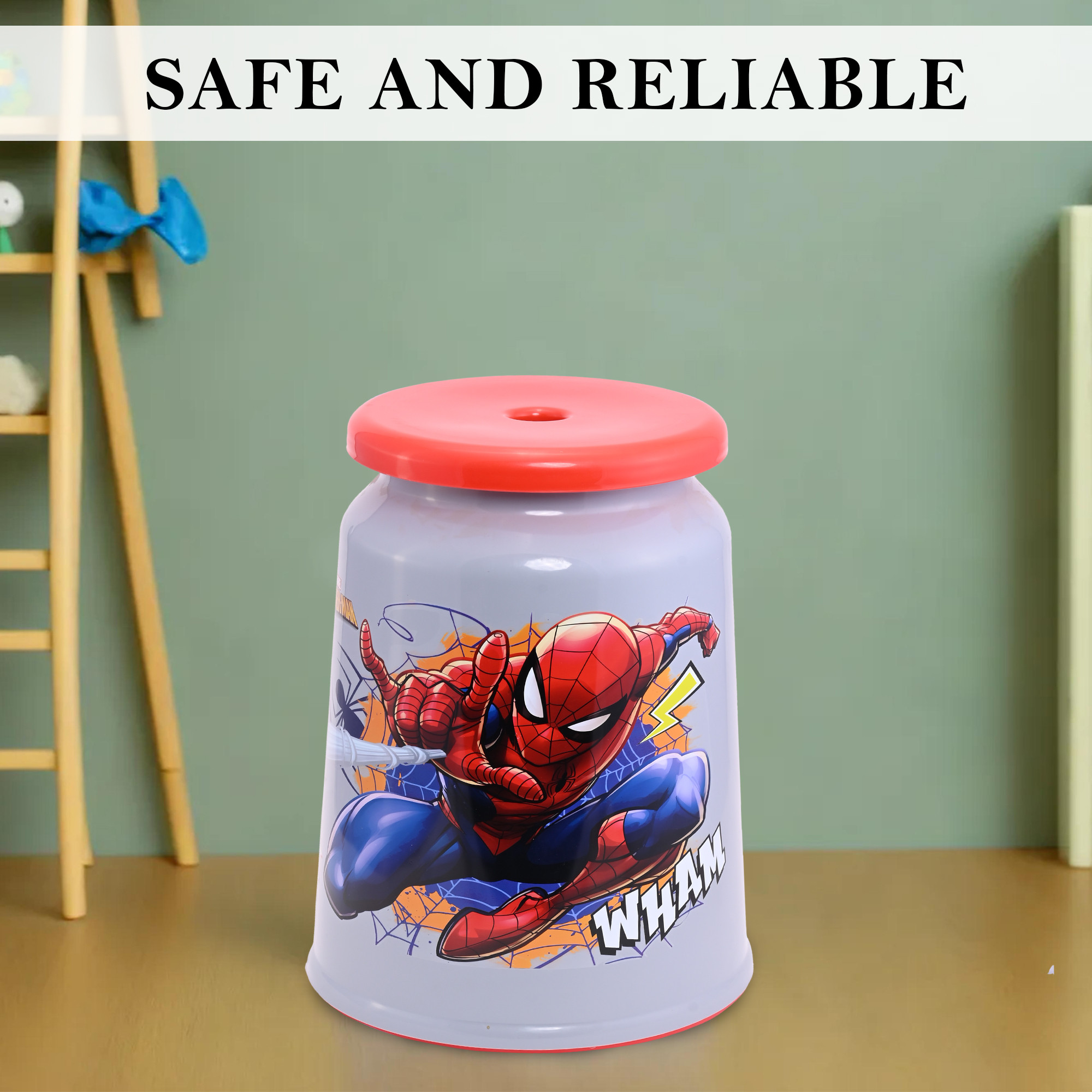 Kuber Industries Jumbo Size Marvel Spiderman Plastic Stool for Sitting With Round Shape  Multipurpose  Sturdy Kids Bath Stool for Kitchen Bathrooms  Living Room  Grey  Red