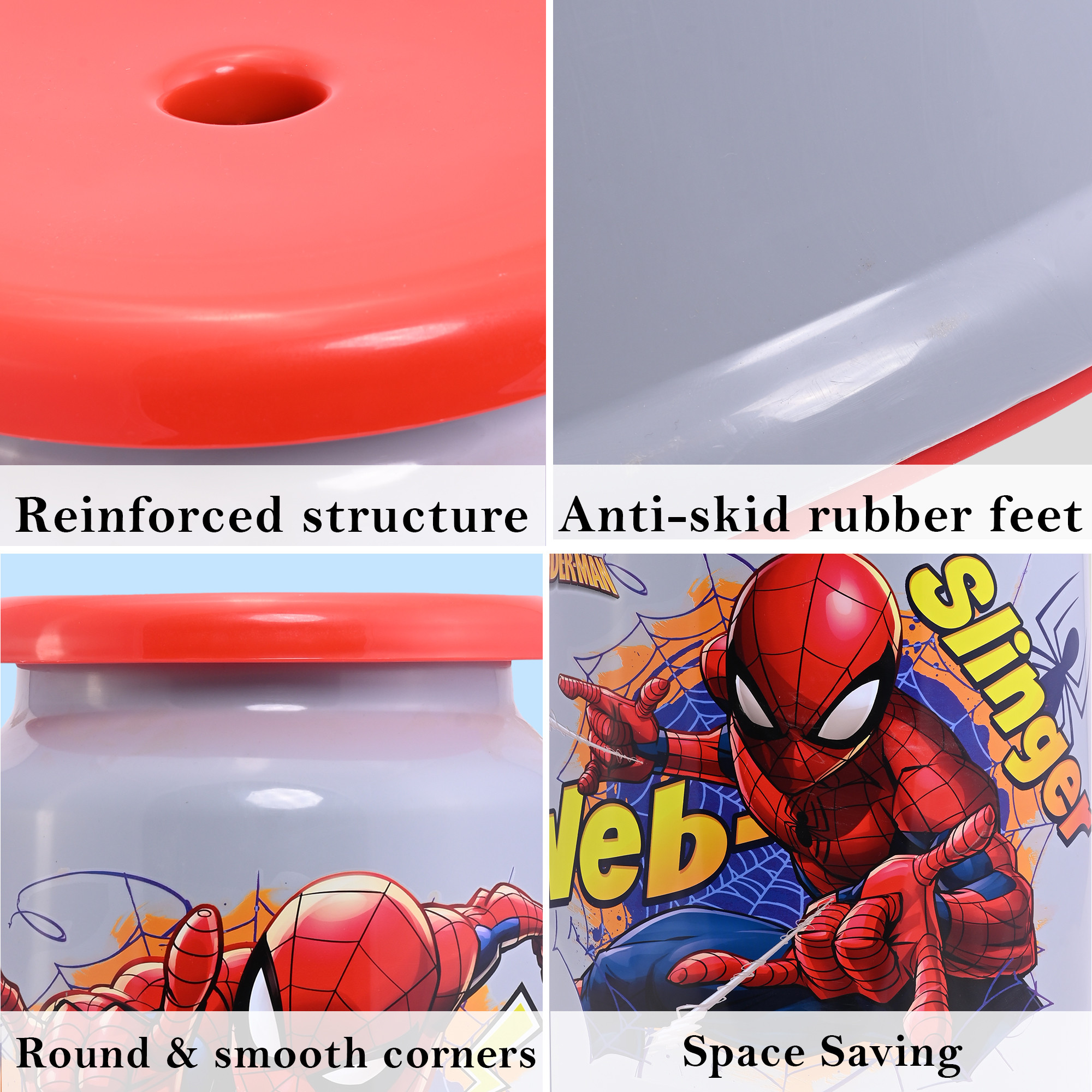 Kuber Industries Jumbo Size Marvel Spiderman Plastic Stool for Sitting With Round Shape  Multipurpose  Sturdy Kids Bath Stool for Kitchen Bathrooms  Living Room  Grey  Red