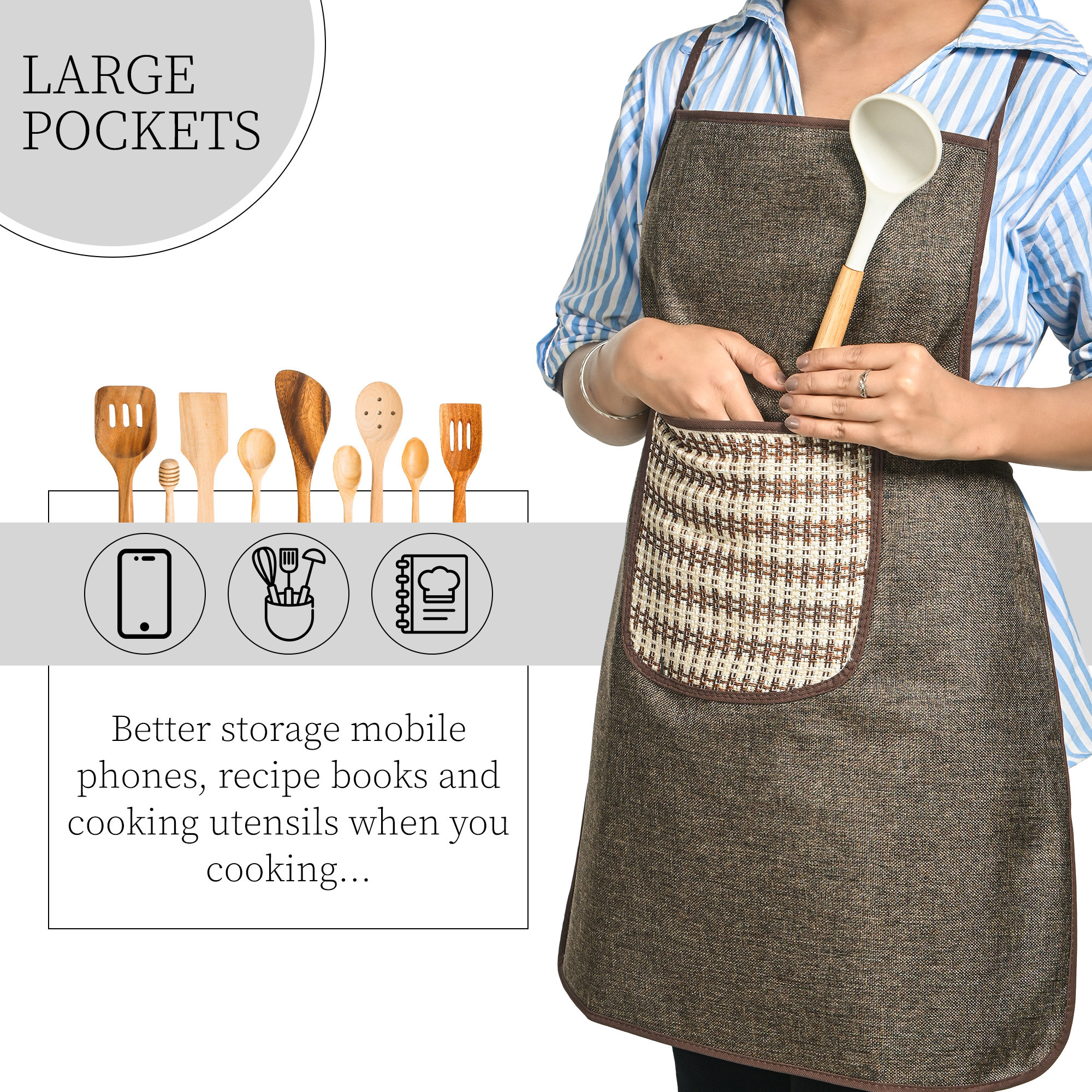 Kuber Industries Jute Apron for Kitchen with Big Front Pocket  Chef Apron for Women and Men  Kitchen Dress for Cooking  One Size Fits Most  Big Patta - Brown