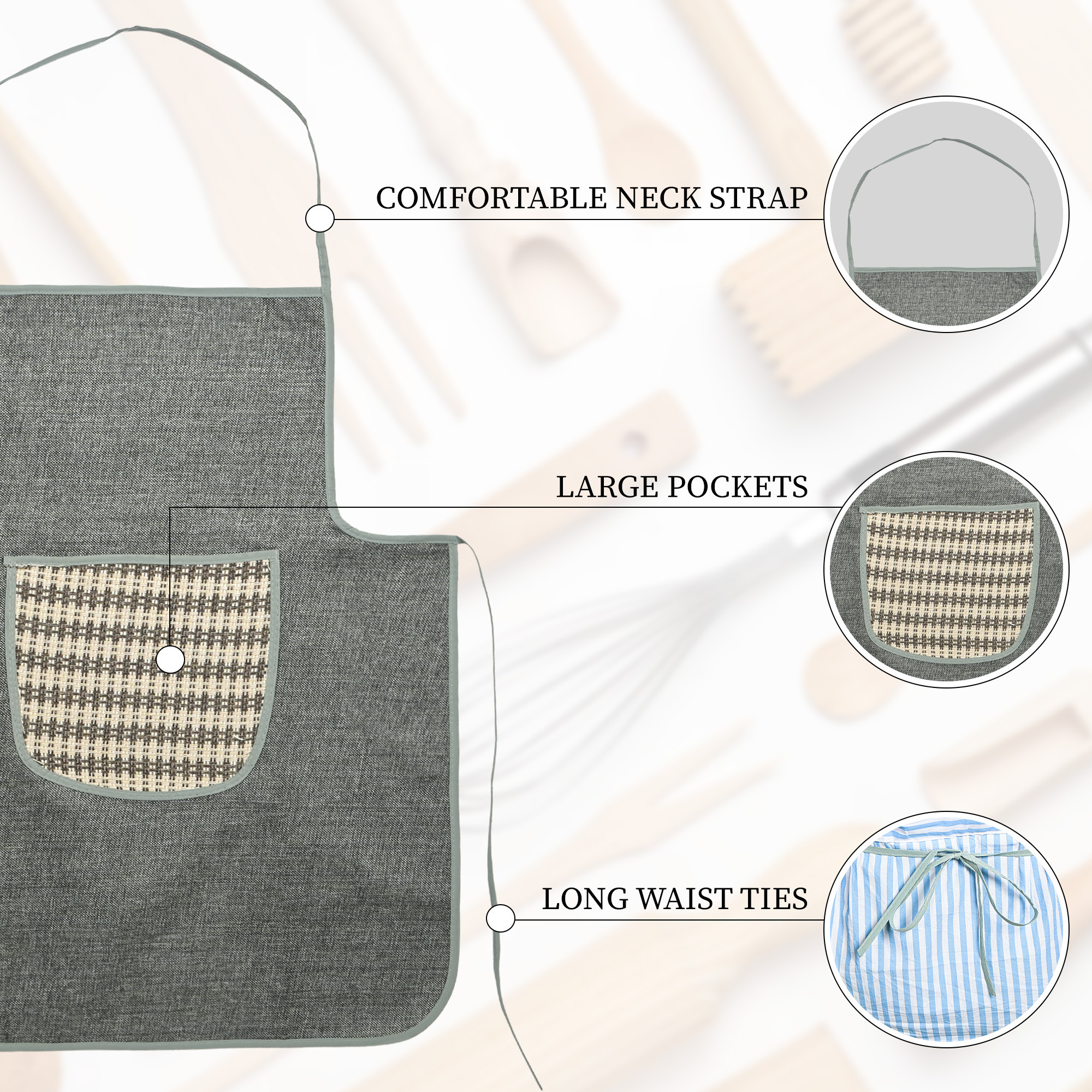 Kuber Industries Jute Apron for Kitchen with Big Front Pocket  Chef Apron for Women and Men  Kitchen Dress for Cooking  One Size Fits Most  Big Patta - Grey