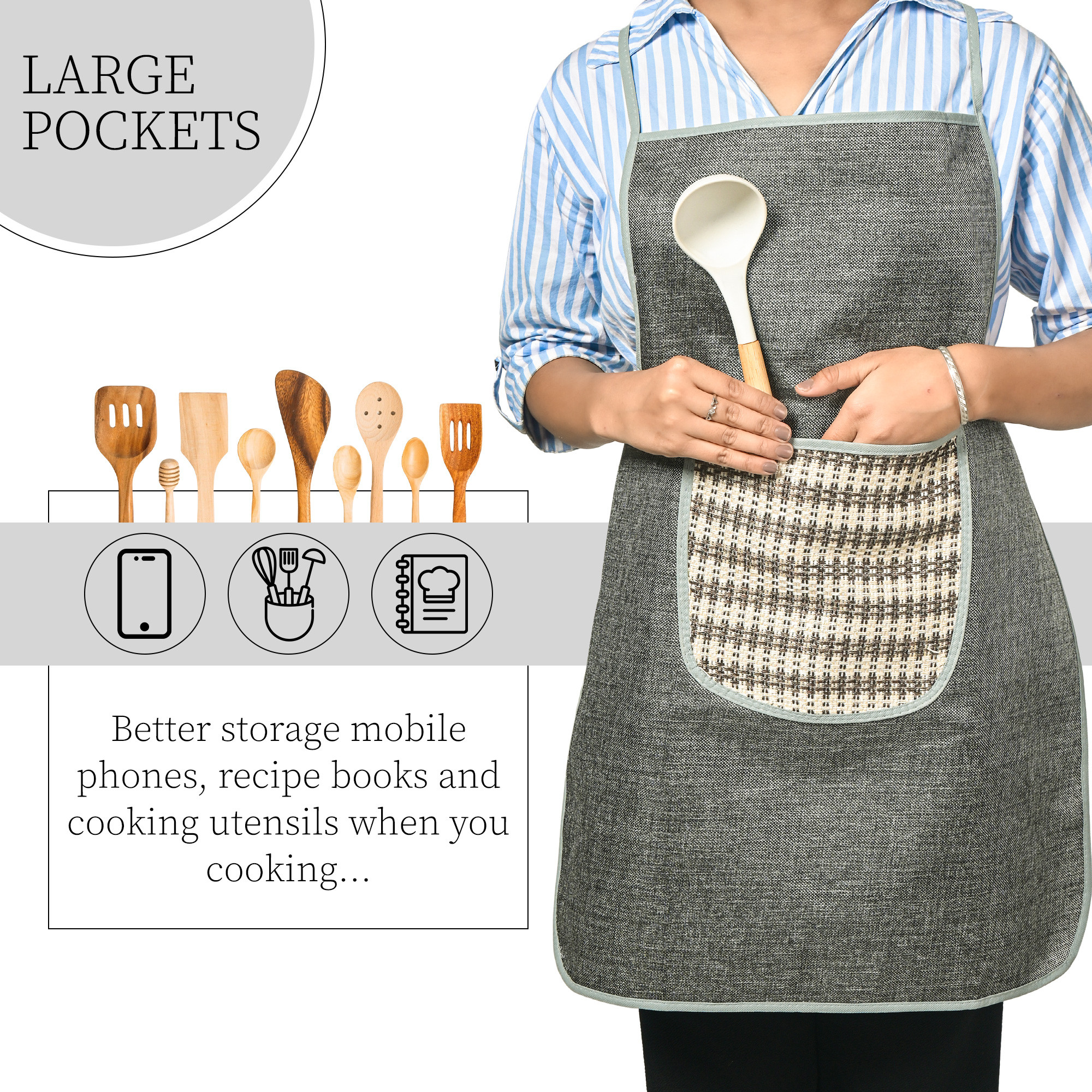 Kuber Industries Jute Apron for Kitchen with Big Front Pocket  Chef Apron for Women and Men  Kitchen Dress for Cooking  One Size Fits Most  Big Patta - Grey