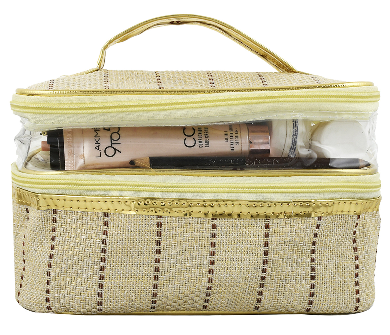 Kuber Industries Jute Design Make Up Kit Cum Cosmetic Kit, Jewellery Kit, Pouches for travel accessories (Cream) -CTKTC38975