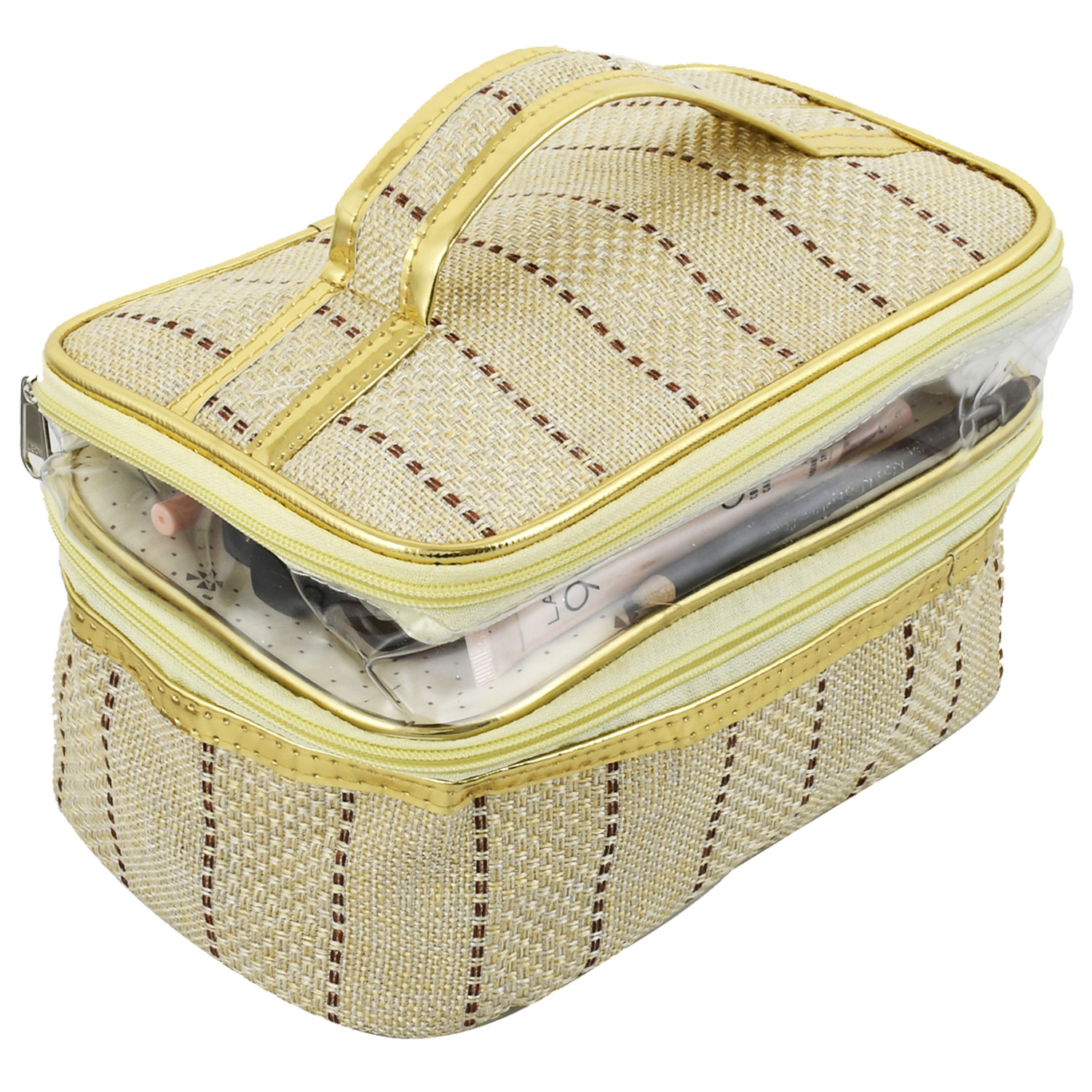 Kuber Industries Jute Design Make Up Kit Cum Cosmetic Kit, Jewellery Kit, Pouches for travel accessories (Cream) -CTKTC38975