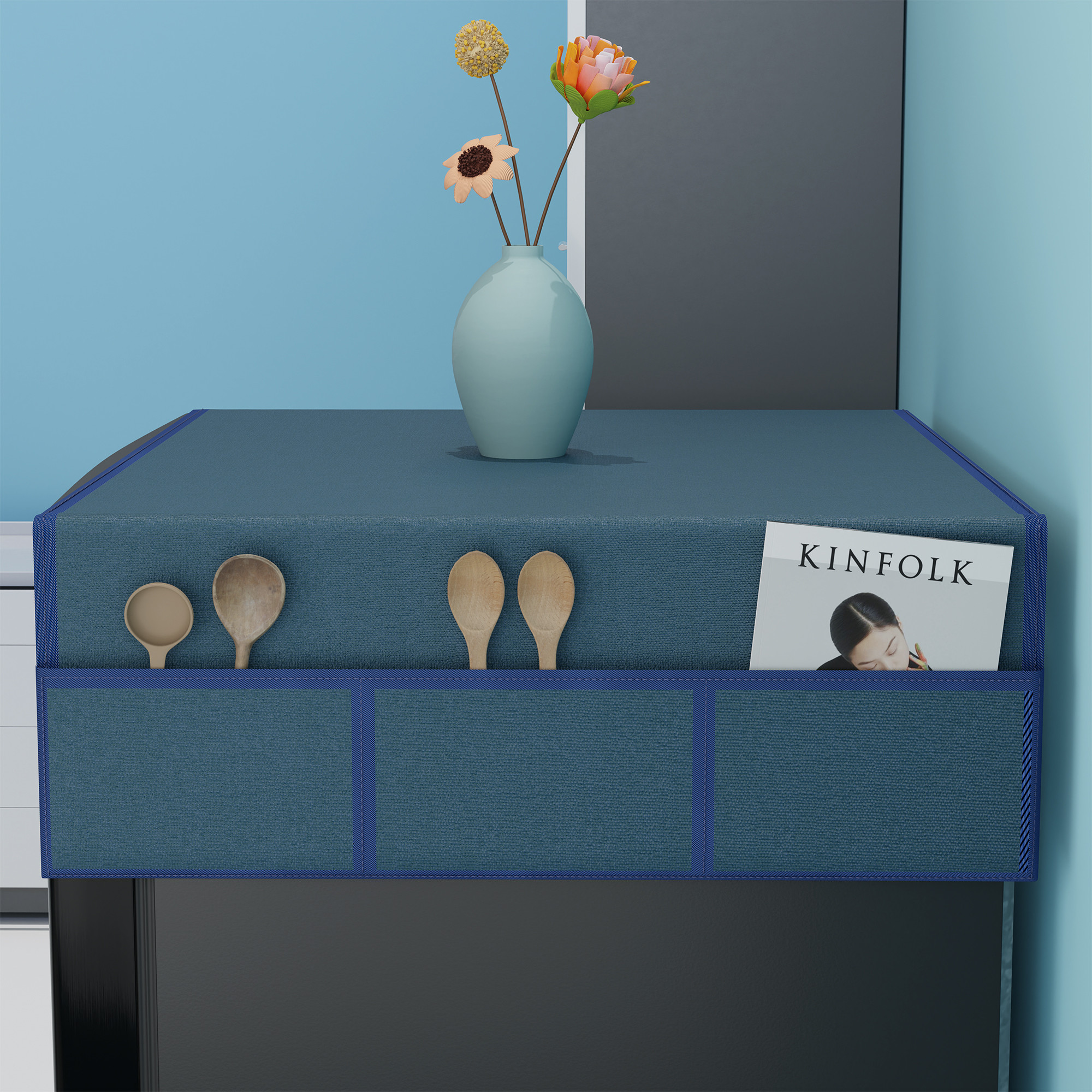 Kuber Industries Jute Fridge Cover Top Single door with 6 Utility Side Pockets for Kitchen Accessories  Decorative Refrigerator Top Covers  Canvas - Blue