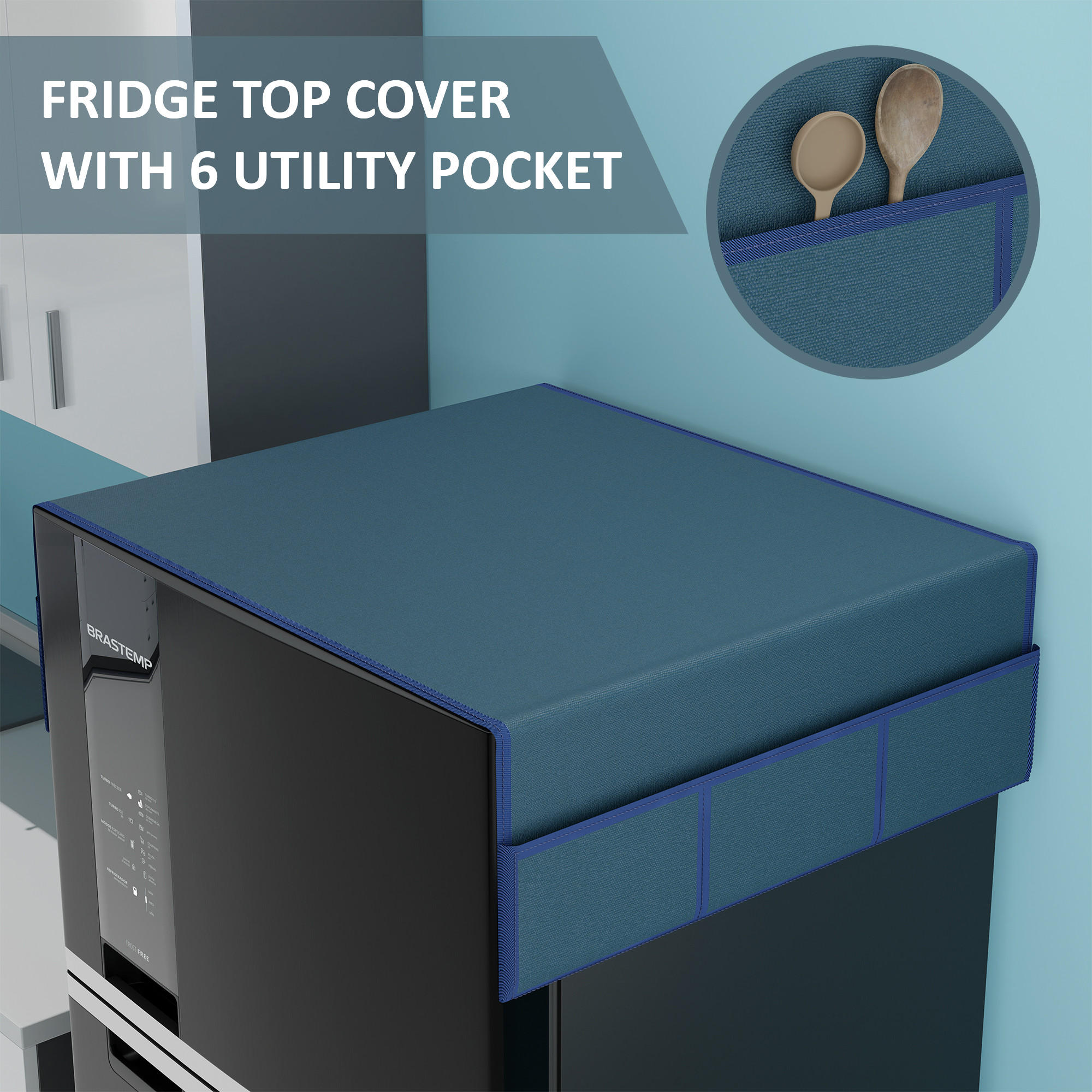Kuber Industries Jute Fridge Cover Top Single door with 6 Utility Side Pockets for Kitchen Accessories  Decorative Refrigerator Top Covers  Canvas - Blue