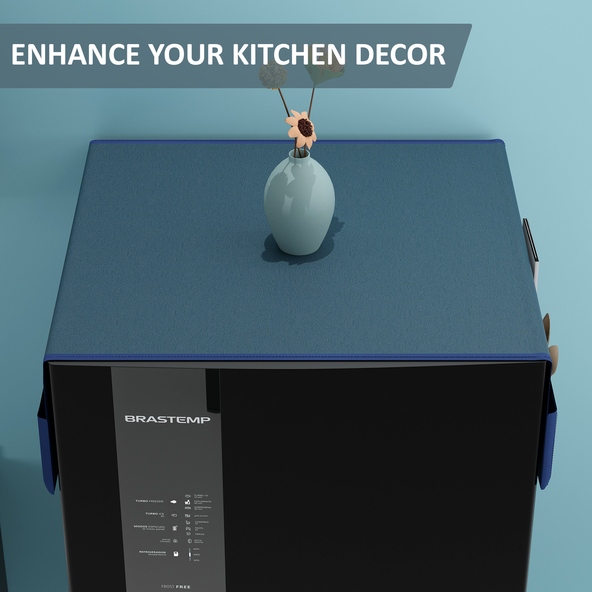 Kuber Industries Jute Fridge Cover Top Single door with 6 Utility Side Pockets for Kitchen Accessories  Decorative Refrigerator Top Covers  Canvas - Blue