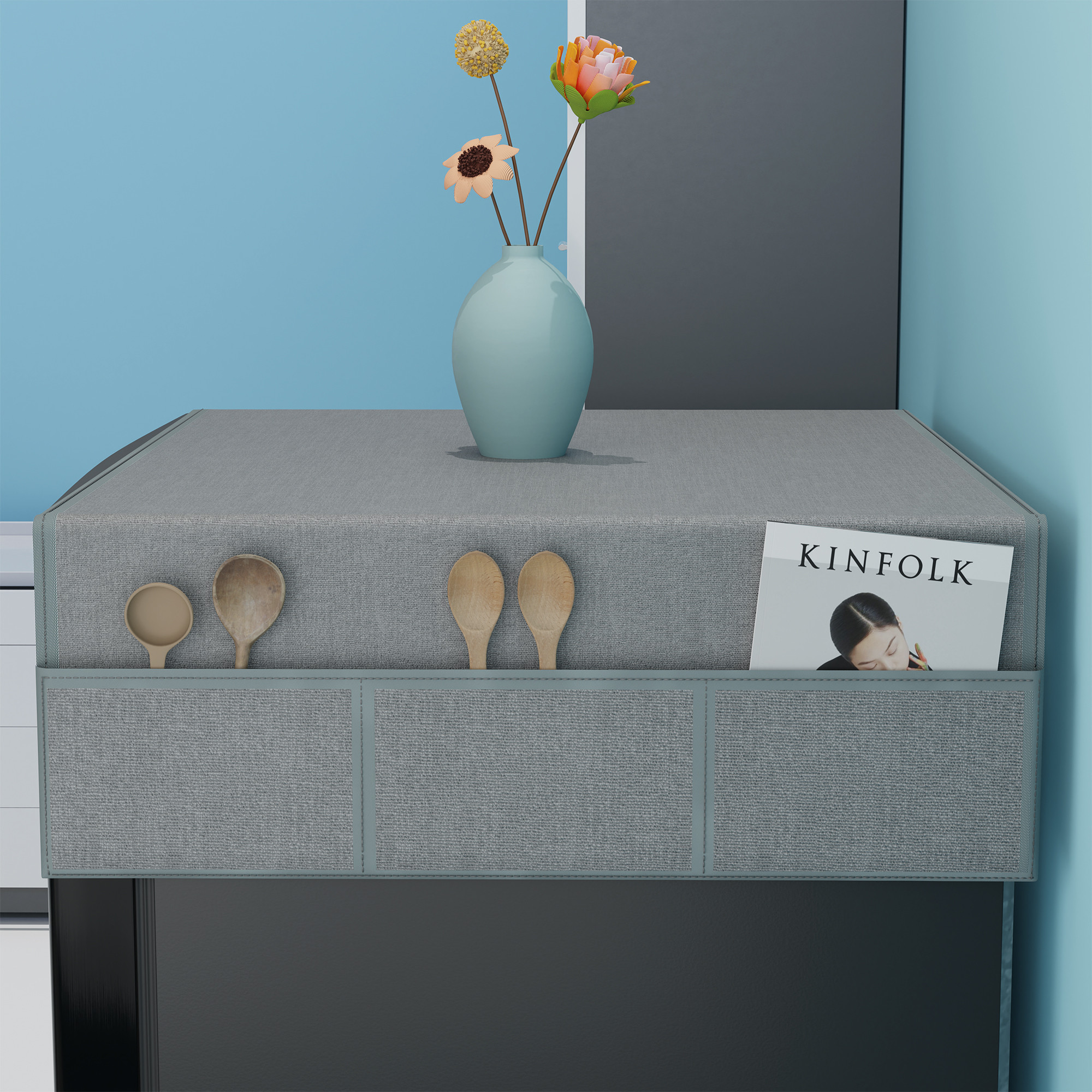 Kuber Industries Jute Fridge Cover Top Single door with 6 Utility Side Pockets for Kitchen Accessories  Decorative Refrigerator Top Covers  Canvas - Grey