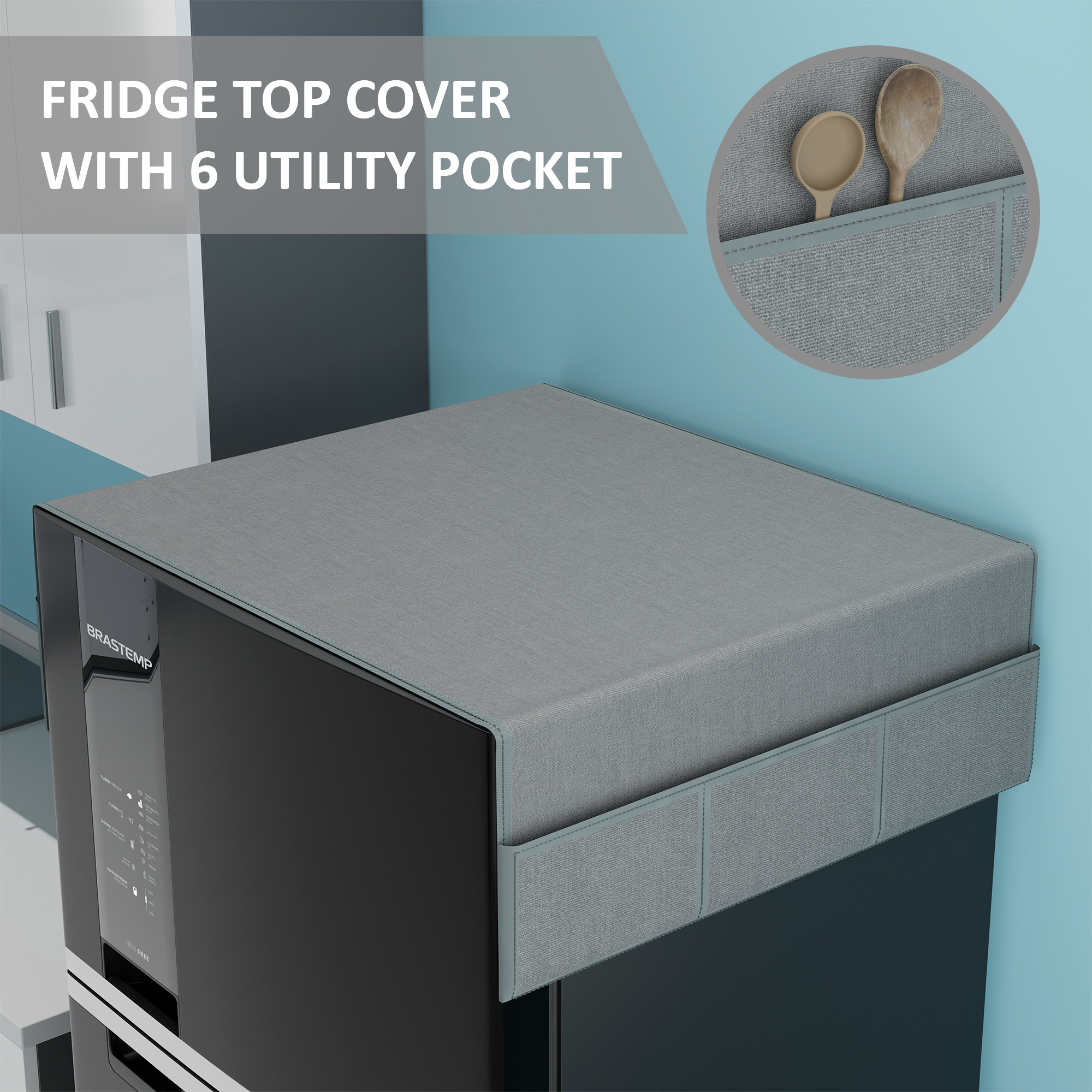 Kuber Industries Jute Fridge Cover Top Single door with 6 Utility Side Pockets for Kitchen Accessories  Decorative Refrigerator Top Covers  Canvas - Grey