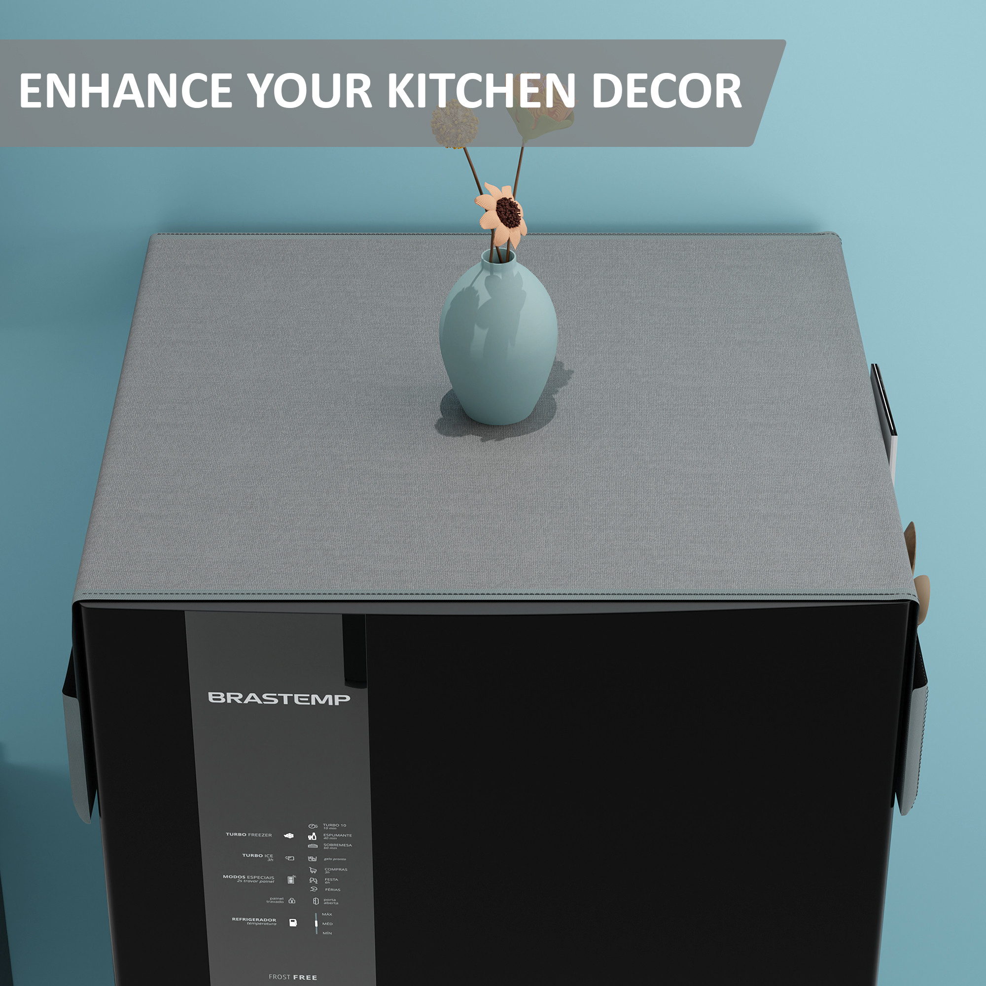 Kuber Industries Jute Fridge Cover Top Single door with 6 Utility Side Pockets for Kitchen Accessories  Decorative Refrigerator Top Covers  Canvas - Grey