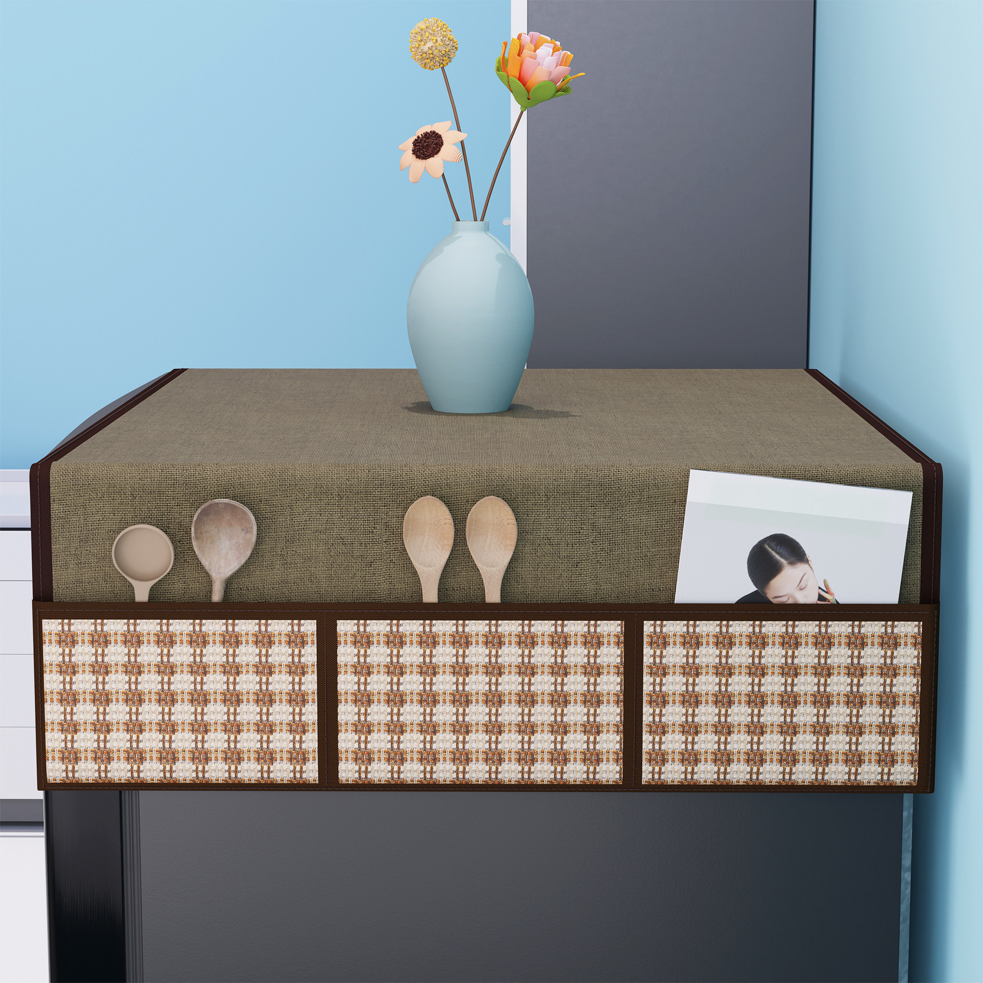 Kuber Industries Jute Fridge Cover Top Single Door with 6 Utility Storage Side Pockets  FreezeRefrigerator Cover Top for Kitchen  Big Patta - Brown