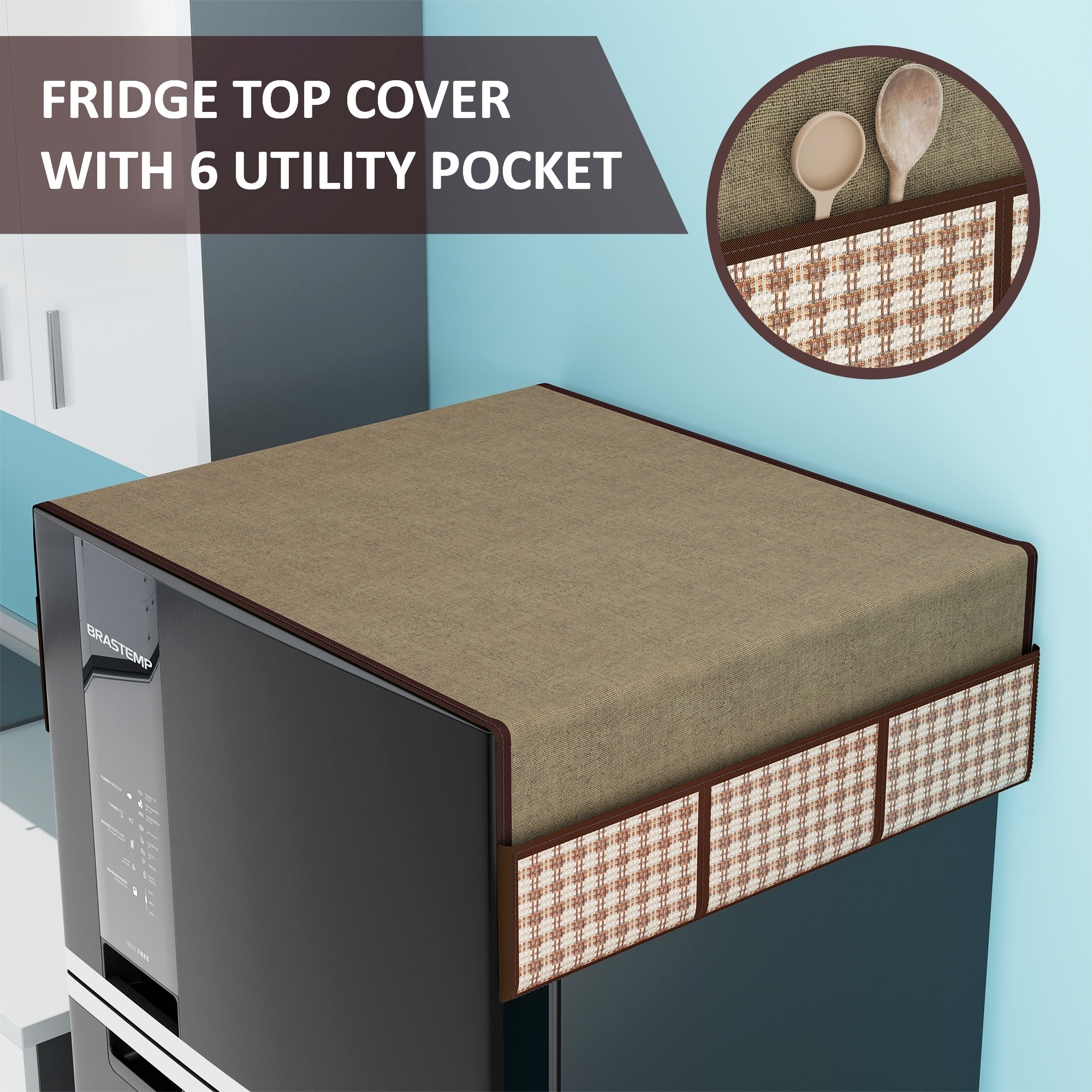 Kuber Industries Jute Fridge Cover Top Single Door with 6 Utility Storage Side Pockets  FreezeRefrigerator Cover Top for Kitchen  Big Patta - Brown