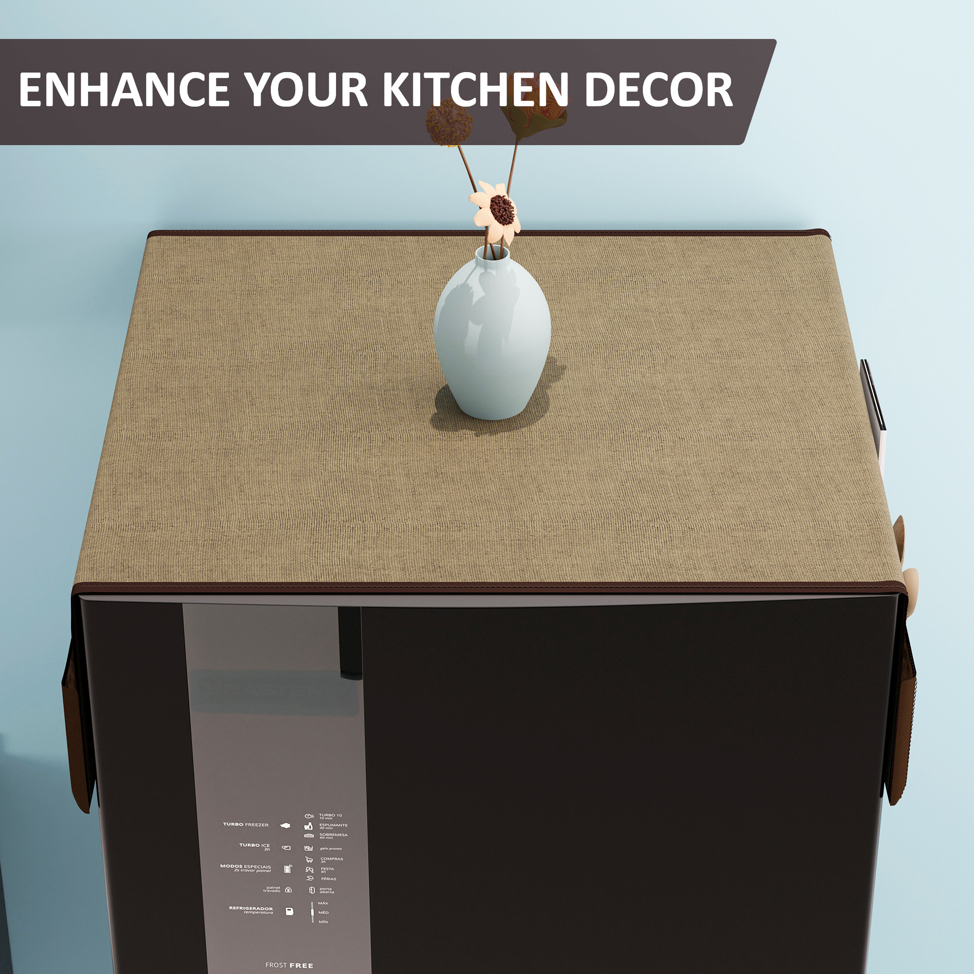 Kuber Industries Jute Fridge Cover Top Single Door with 6 Utility Storage Side Pockets  FreezeRefrigerator Cover Top for Kitchen  Big Patta - Brown