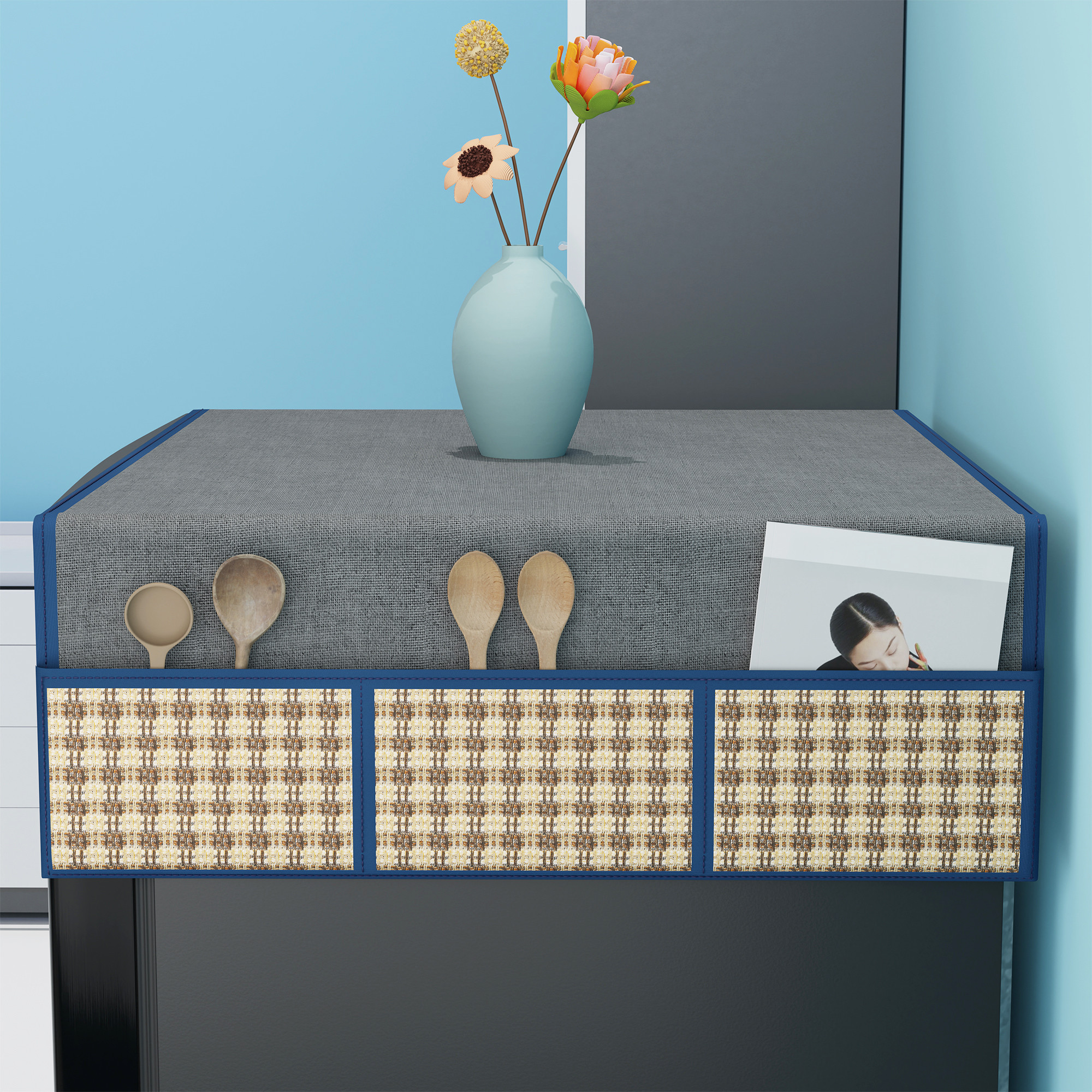 Kuber Industries Jute Fridge Cover Top Single Door with 6 Utility Storage Side Pockets  FreezeRefrigerator Cover Top for Kitchen  Big Patta - Grey