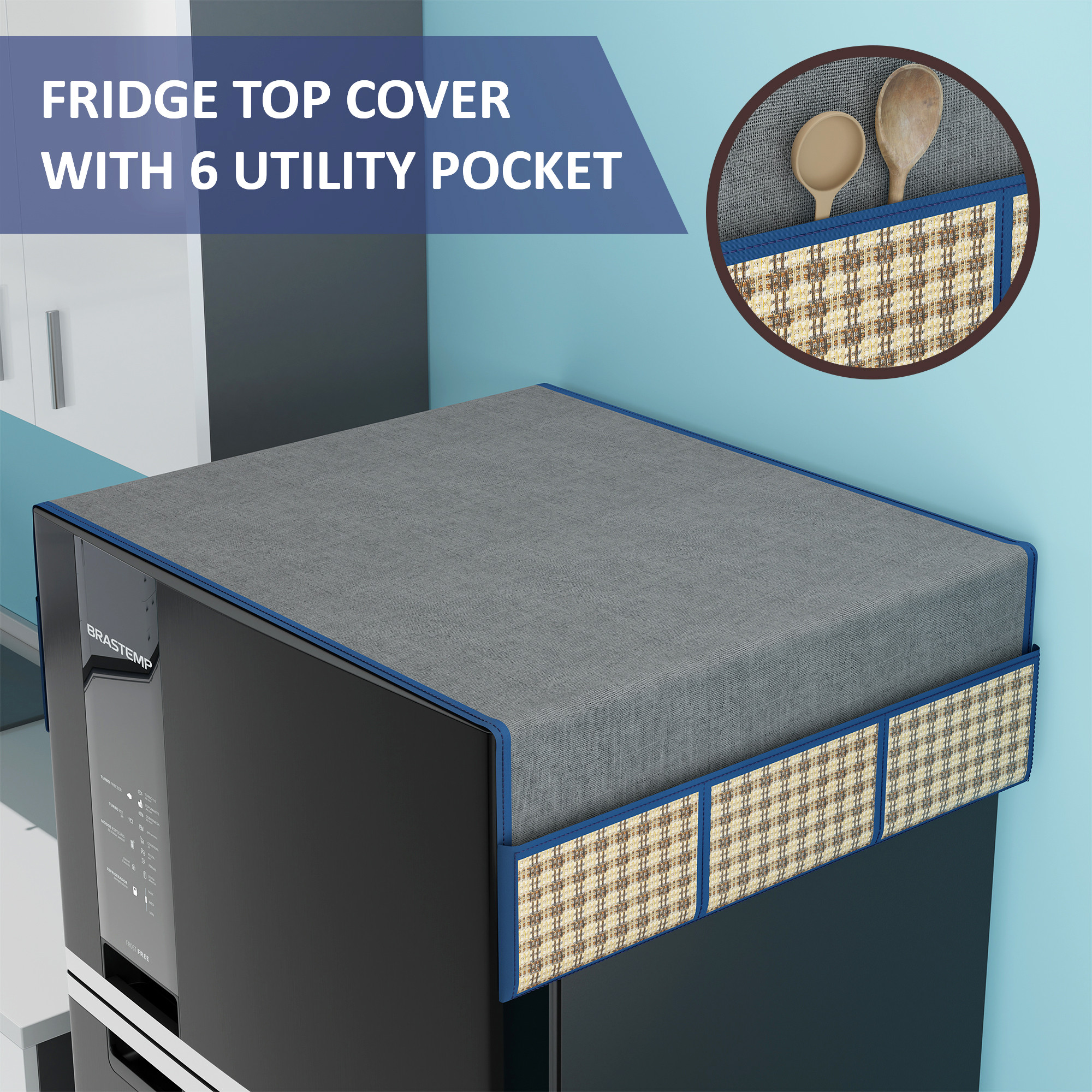 Kuber Industries Jute Fridge Cover Top Single Door with 6 Utility Storage Side Pockets  FreezeRefrigerator Cover Top for Kitchen  Big Patta - Grey
