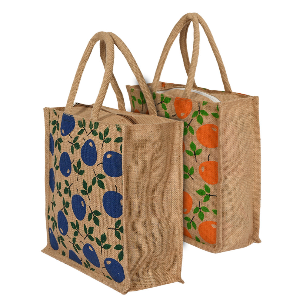 Kuber Industries Jute Reusable Eco-Friendly Hand Bag/Grocery Bag For Man, Woman With Handle Pack Of 2 (Orange &amp; Blue) 54KM4364