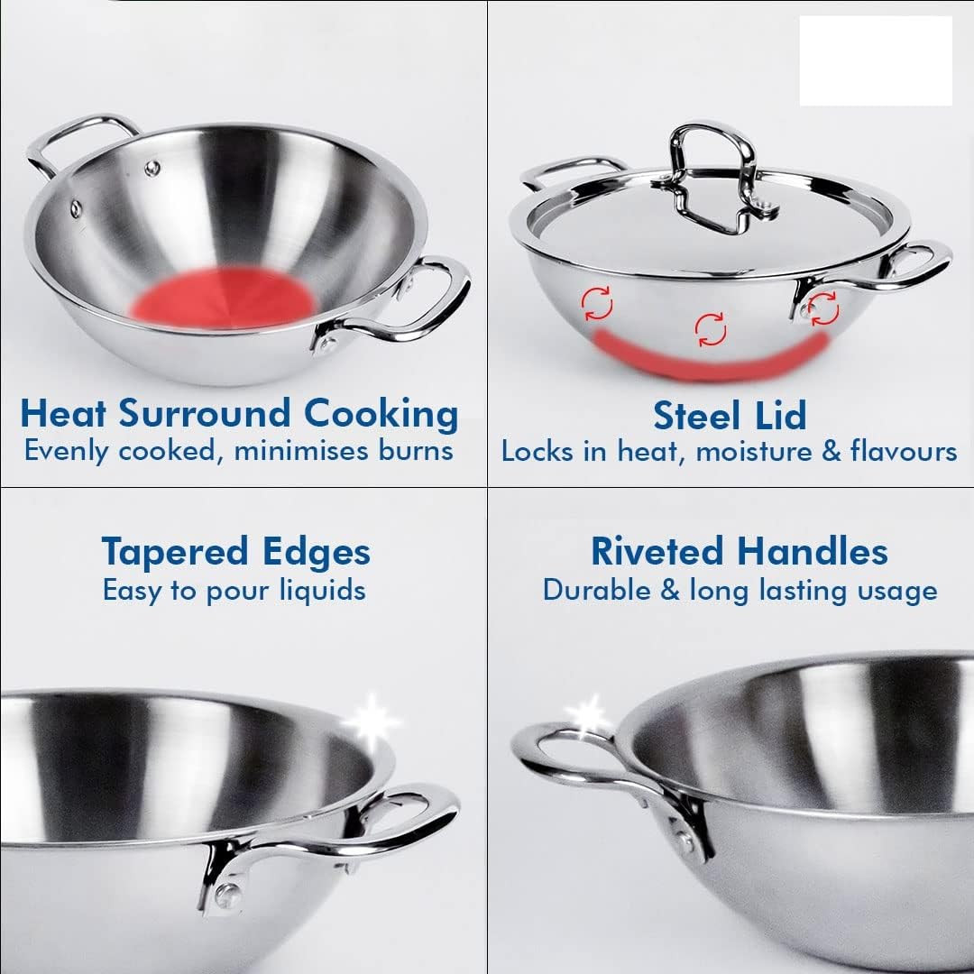 Kuber Industries Kadai with Glass Lid | Induction Riveted Handle | Heat Surround Cooking | Stove & Induction Cookware | Triply Kadai | Extra Deep Kadai | 3.6 Ltr | Black