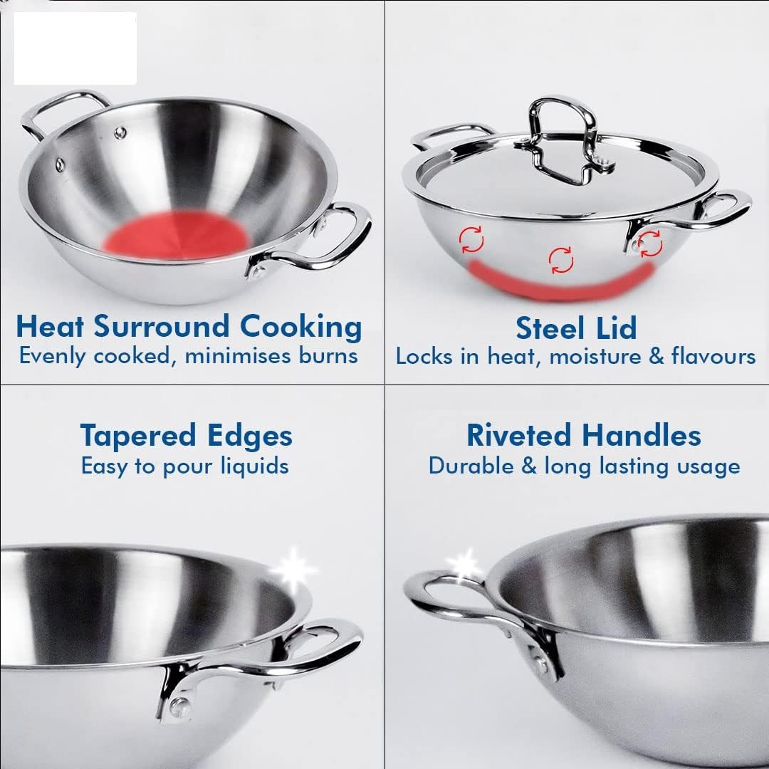 Kuber Industries Kadai with Lid | Triply Kadai With Lid | Induction Riveted Handle | Heat Surround Cooking | Stove & Induction Cookware | Extra Deep Frying Pan | 2.6 Ltr | Silver