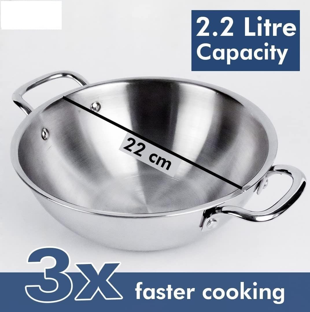 Kuber Industries Kadai with Lid | Triply Kadai With Lid | Induction Riveted Handle | Heat Surround Cooking | Stove & Induction Cookware | Extra Deep Frying Pan | 2.2 Ltr | Silver