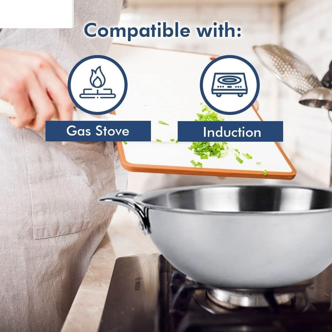 Kuber Industries Kadai with Lid | Triply Kadai With Lid | Induction Riveted Handle | Heat Surround Cooking | Stove & Induction Cookware | Extra Deep Frying Pan | 2.2 Ltr | Silver