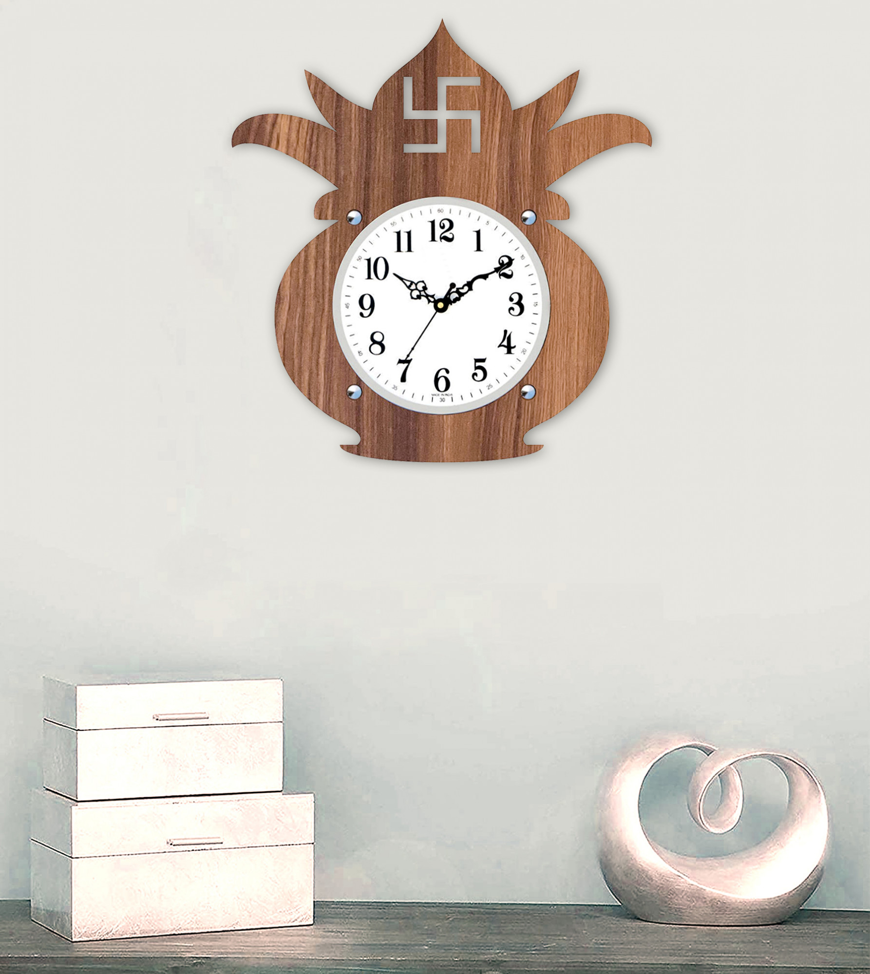 Kuber Industries Kalash Design Wooden Wall Clock (Light Brown)-HS40KUBMART23951