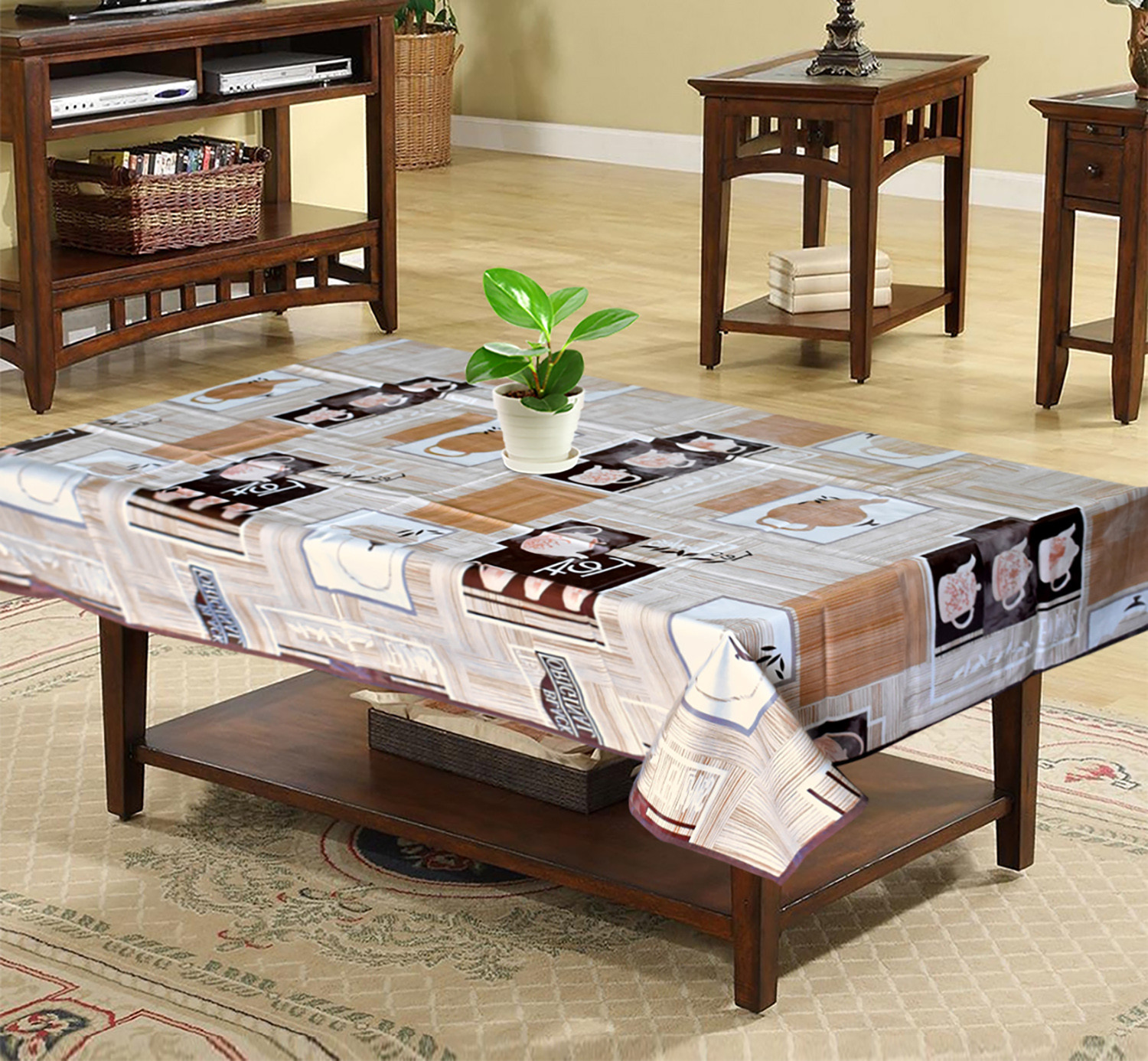 Kuber Industries Kettle Print PVC Center Table Cover/Table Cloth For Home Decorative Luxurious 4 Seater, 60