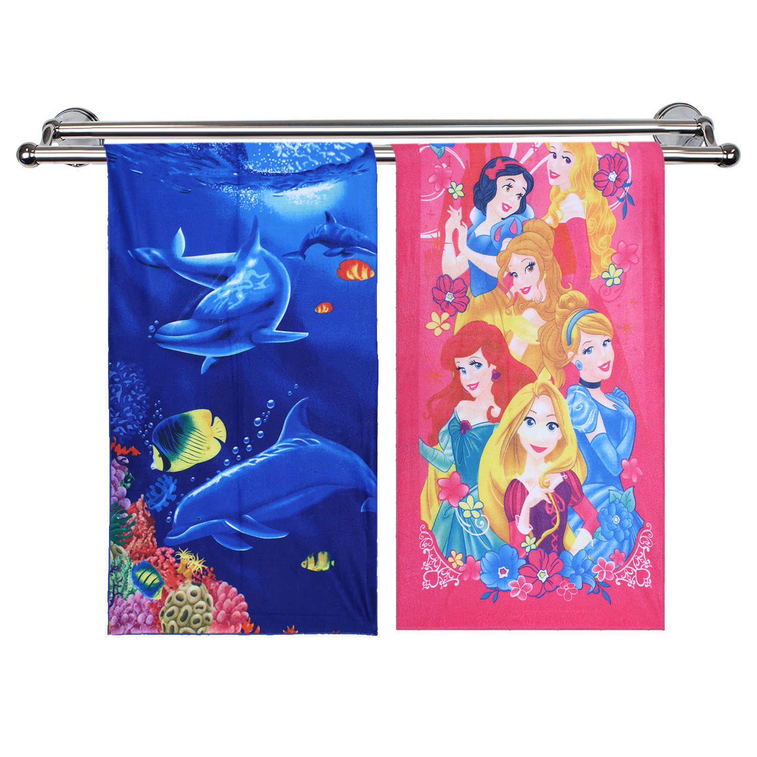 Kuber Industries Kids Bath Towel|Soft Cotton & Sides Stitched Baby Towel|Super Absorbent Aquarium & Princess Print Towel for Infants,Pack of 2 (Multicolor)
