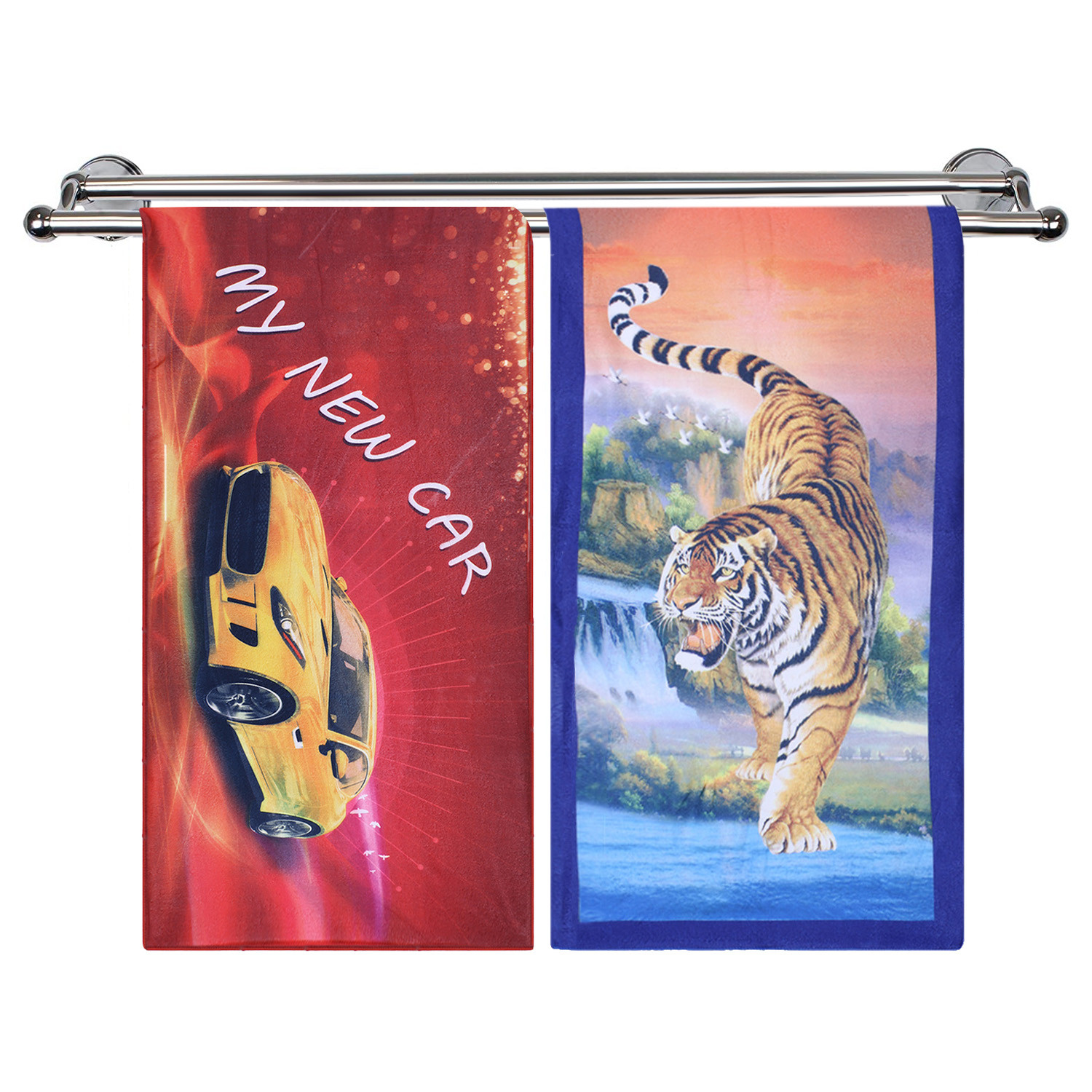 Kuber Industries Kids Bath Towel|Soft Cotton & Sides Stitched Baby Towel|Super Absorbent Car & Tiger Print Towel Toddler,Pack of 2 (Multicolor)