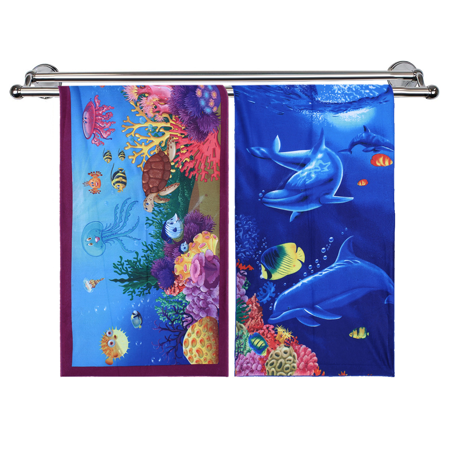 Kuber Industries Kids Bath Towel|Soft Cotton & Sides Stitched Baby Towel|Super Absorbent Ocean & Aquarium Print Towel for Infants,Pack of 2 (Multicolor)