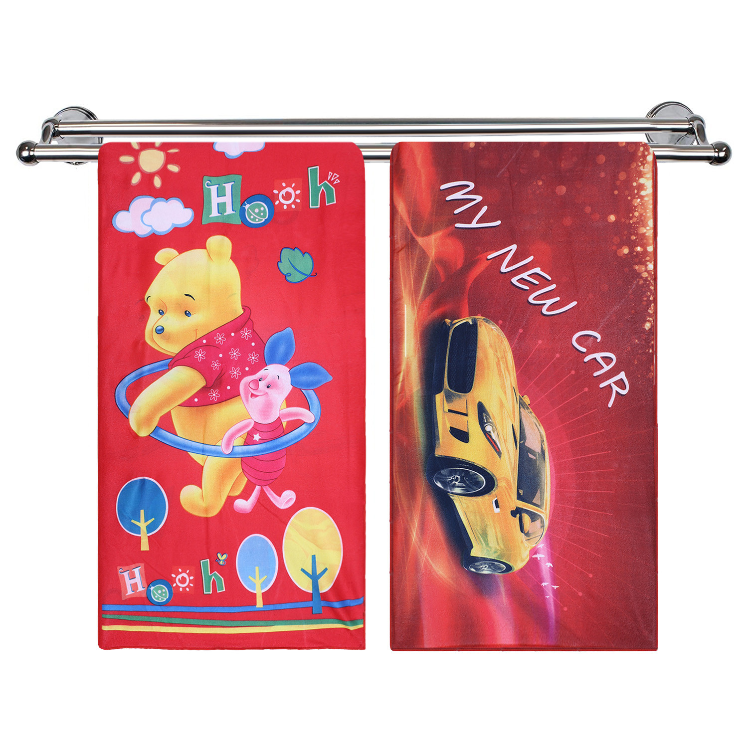 Kuber Industries Kids Bath Towel|Soft Cotton & Sides Stitched Baby Towel|Super Absorbent Pooh,Piglet & Car Print Towel Toddler,Pack of 2 (Multicolor)