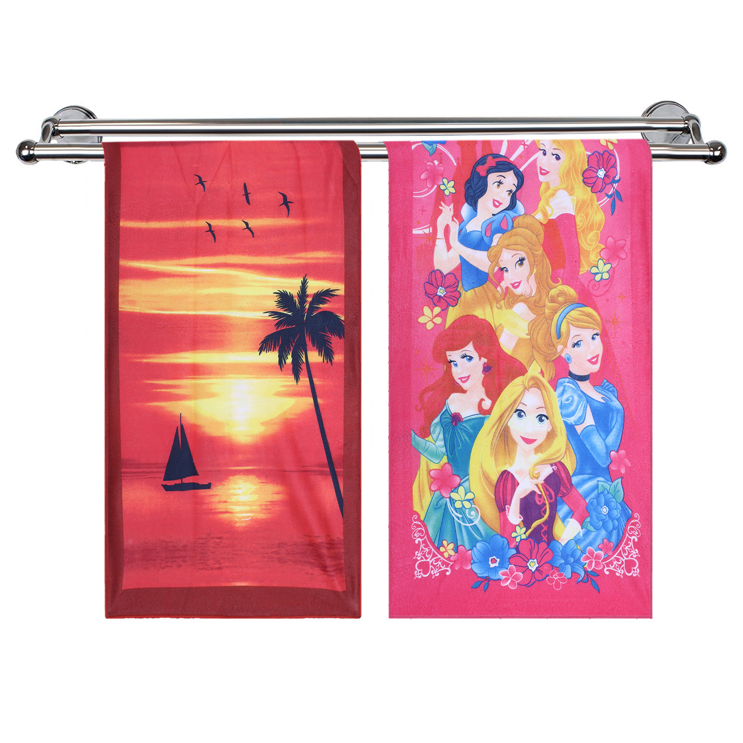 Kuber Industries Kids Bath Towel|Soft Cotton & Sides Stitched Baby Towel|Super Absorbent Sunrise & Princess Print Towel for Infants,Pack of 2 (Multicolor)