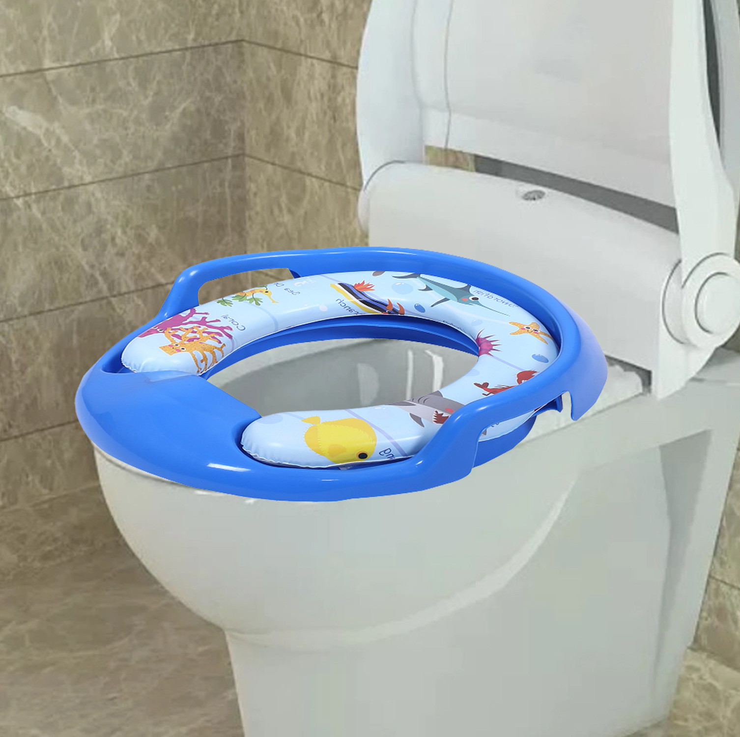Kuber Industries Kids Potty Seat  Plastic Cushioned Potty Seat  Kids Toilet Seat with Handle  Potty Training Seat for Kids  Cushioned Toilet Stand for Kids  Blue