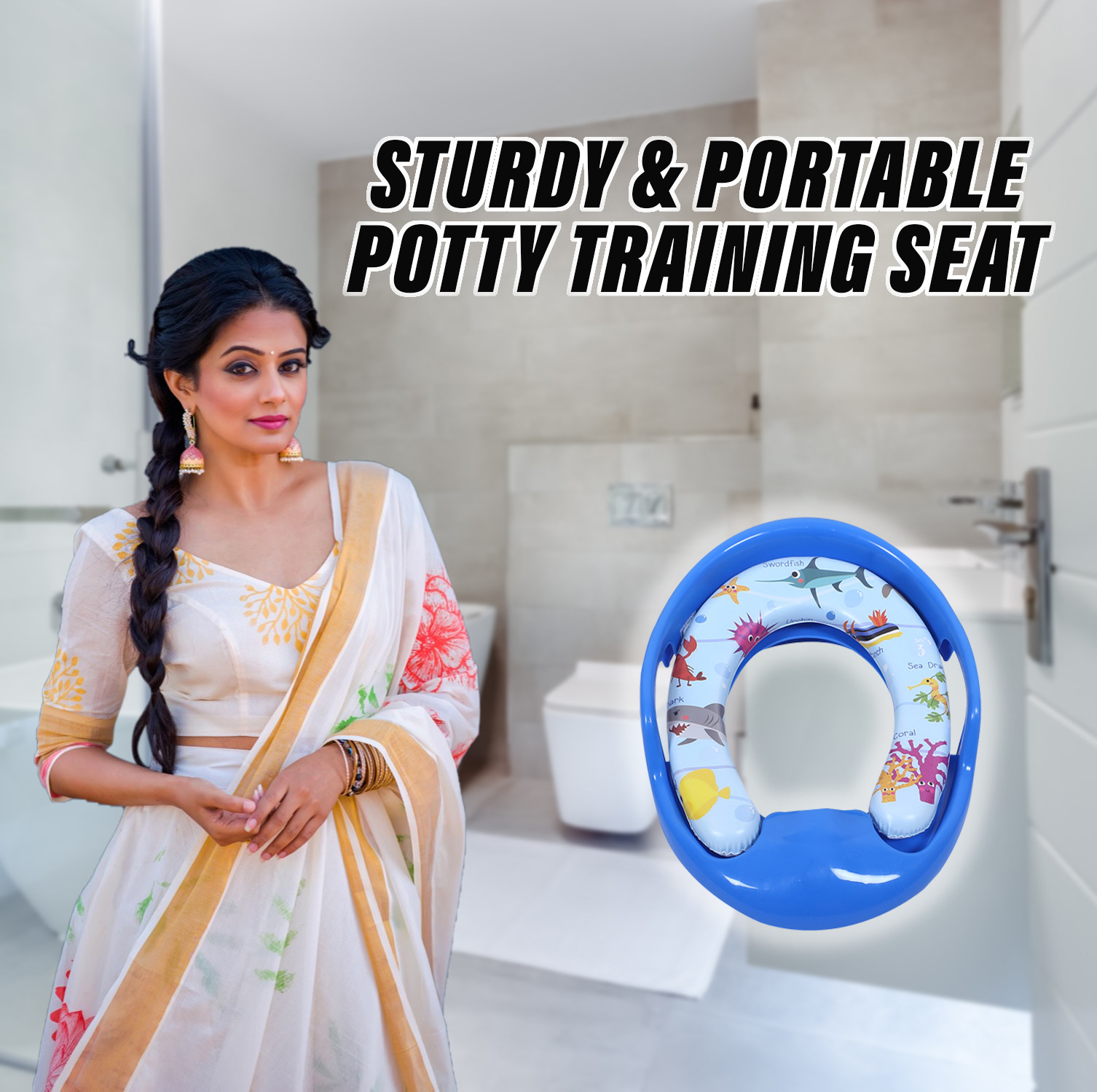 Kuber Industries Kids Potty Seat  Plastic Cushioned Potty Seat  Kids Toilet Seat with Handle  Potty Training Seat for Kids  Cushioned Toilet Stand for Kids  Blue