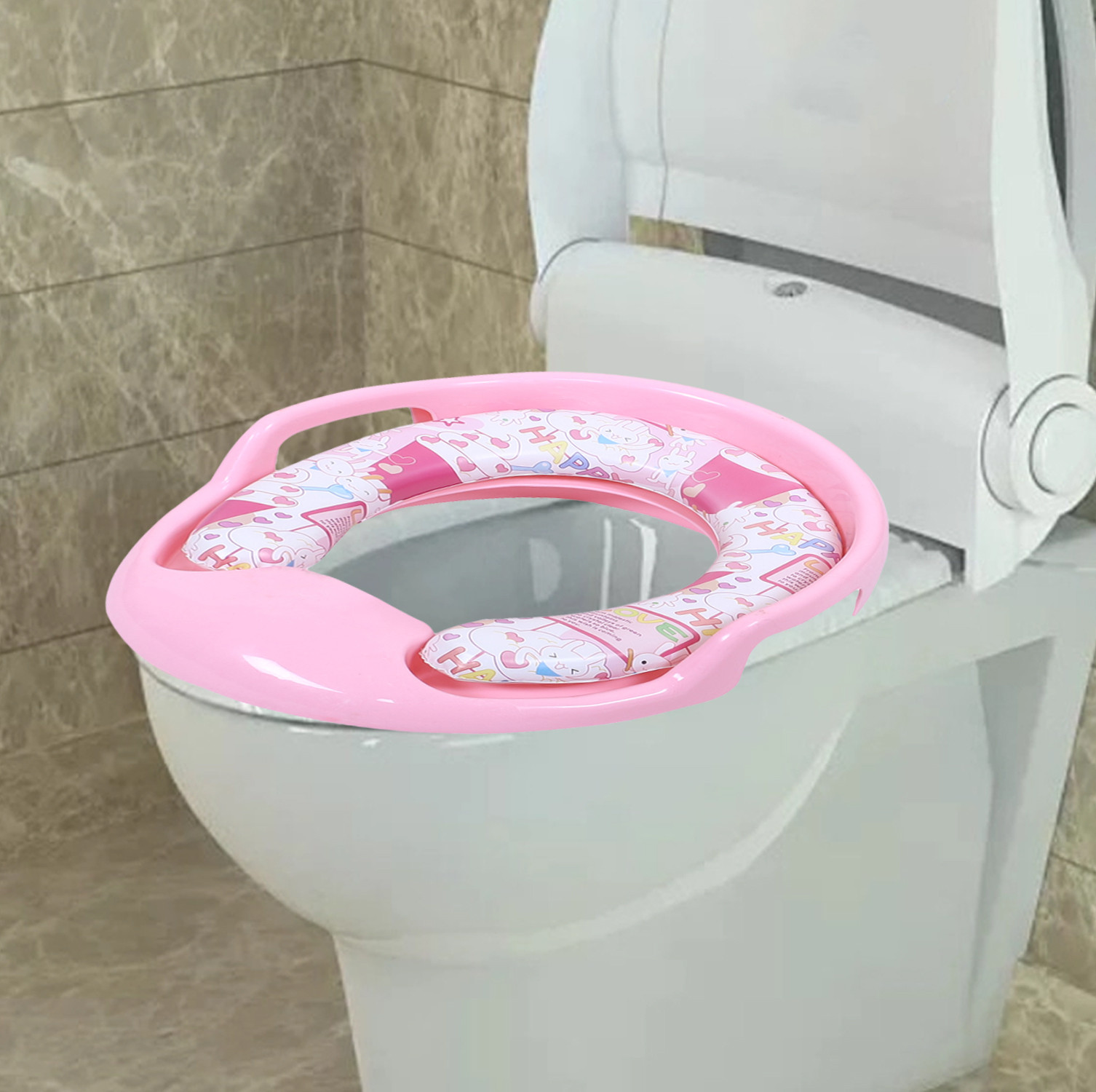 Kuber Industries Kids Potty Seat | Plastic Cushioned Potty Seat | Kids Toilet Seat with Handle | Potty Training Seat for Kids | Cushioned Toilet Stand for Kids | Pink