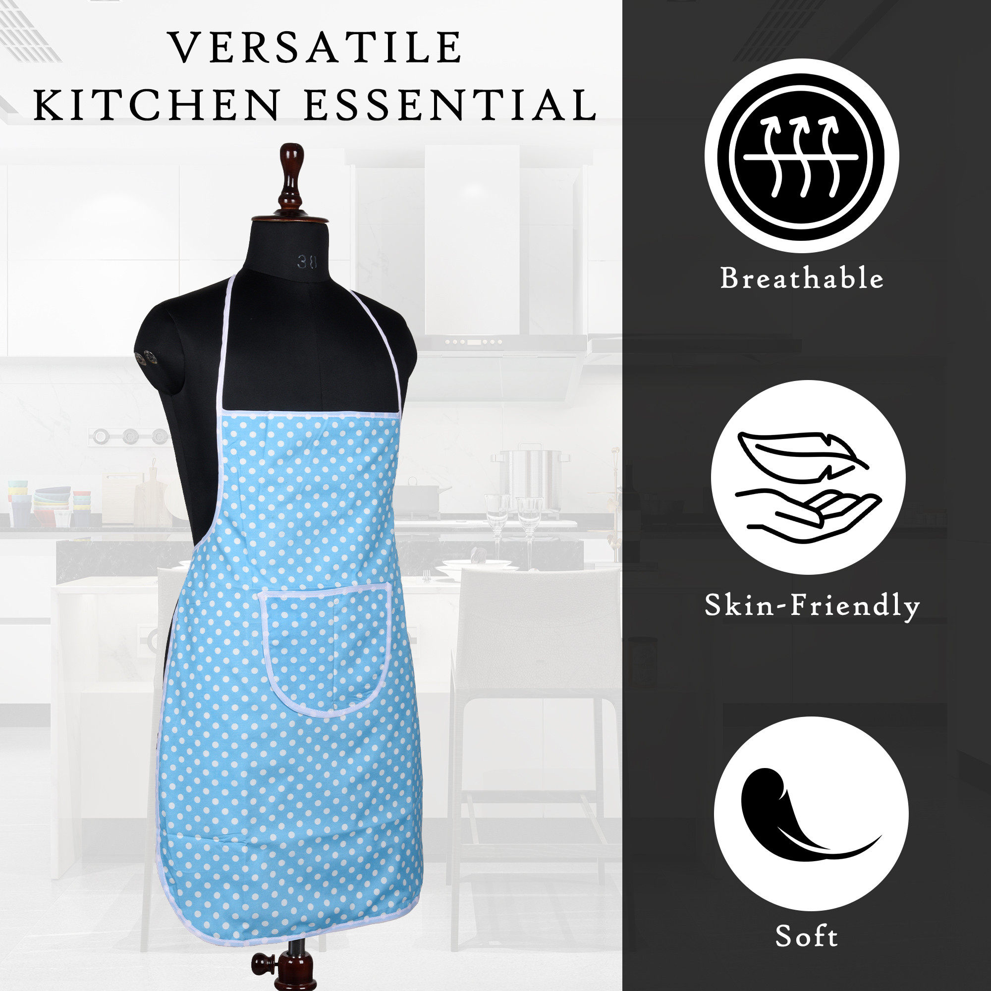 Kuber Industries Kitchen Apron  Apron for Chef  Cooking Apron for Men  Kitchen Dress for Women  Apron for Restaurant  Waterproof Apron  Front Pocket Cooking Cloth  Dot  Sky Blue
