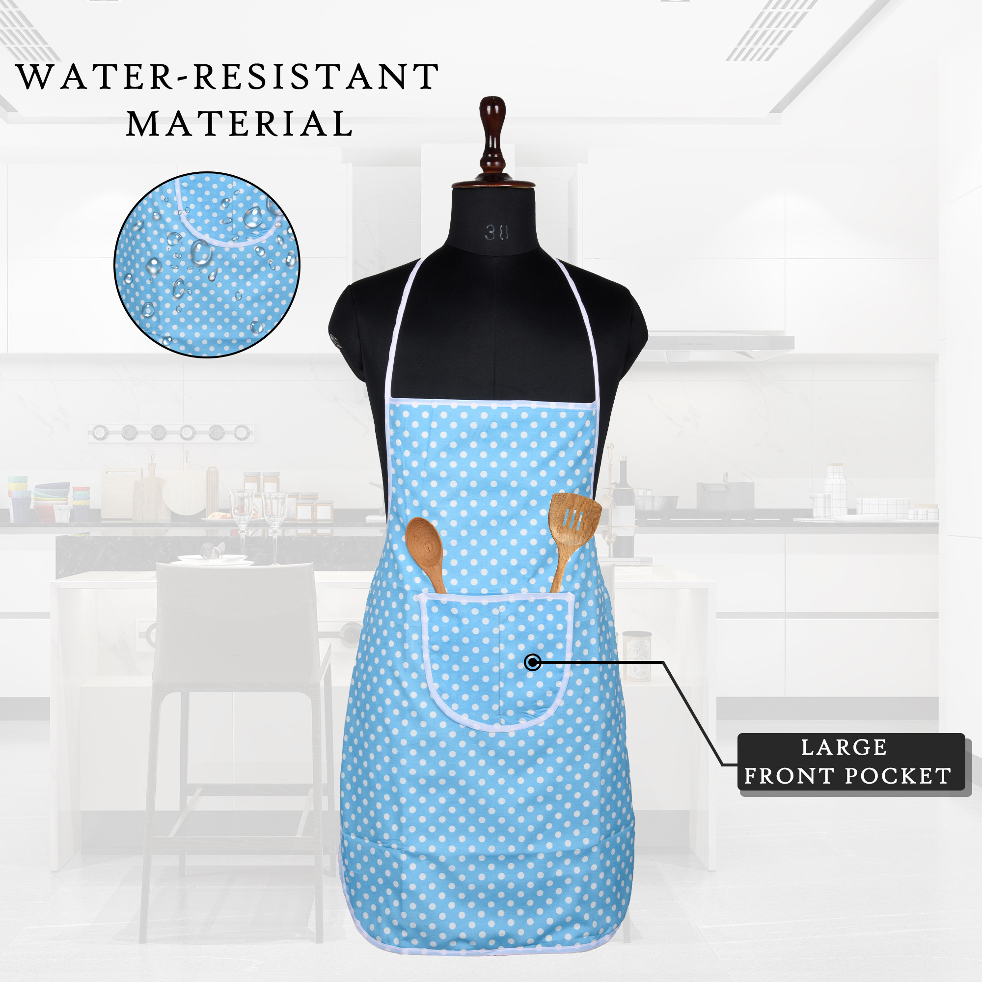 Kuber Industries Kitchen Apron  Apron for Chef  Cooking Apron for Men  Kitchen Dress for Women  Apron for Restaurant  Waterproof Apron  Front Pocket Cooking Cloth  Dot  Sky Blue