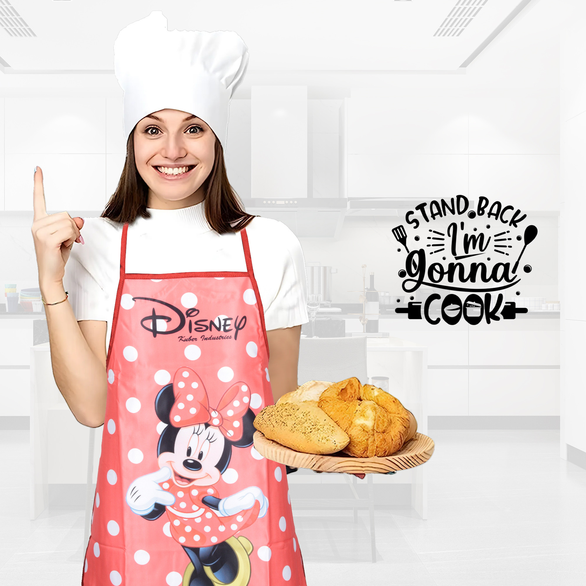 Kuber Industries Kitchen Apron  Apron for Housewife  Disney Minnie Print  Apron for Restaurant  Waterproof Apron  Kitchen Dress for Women  Chef Apron  Cooking Apron for Men  Red