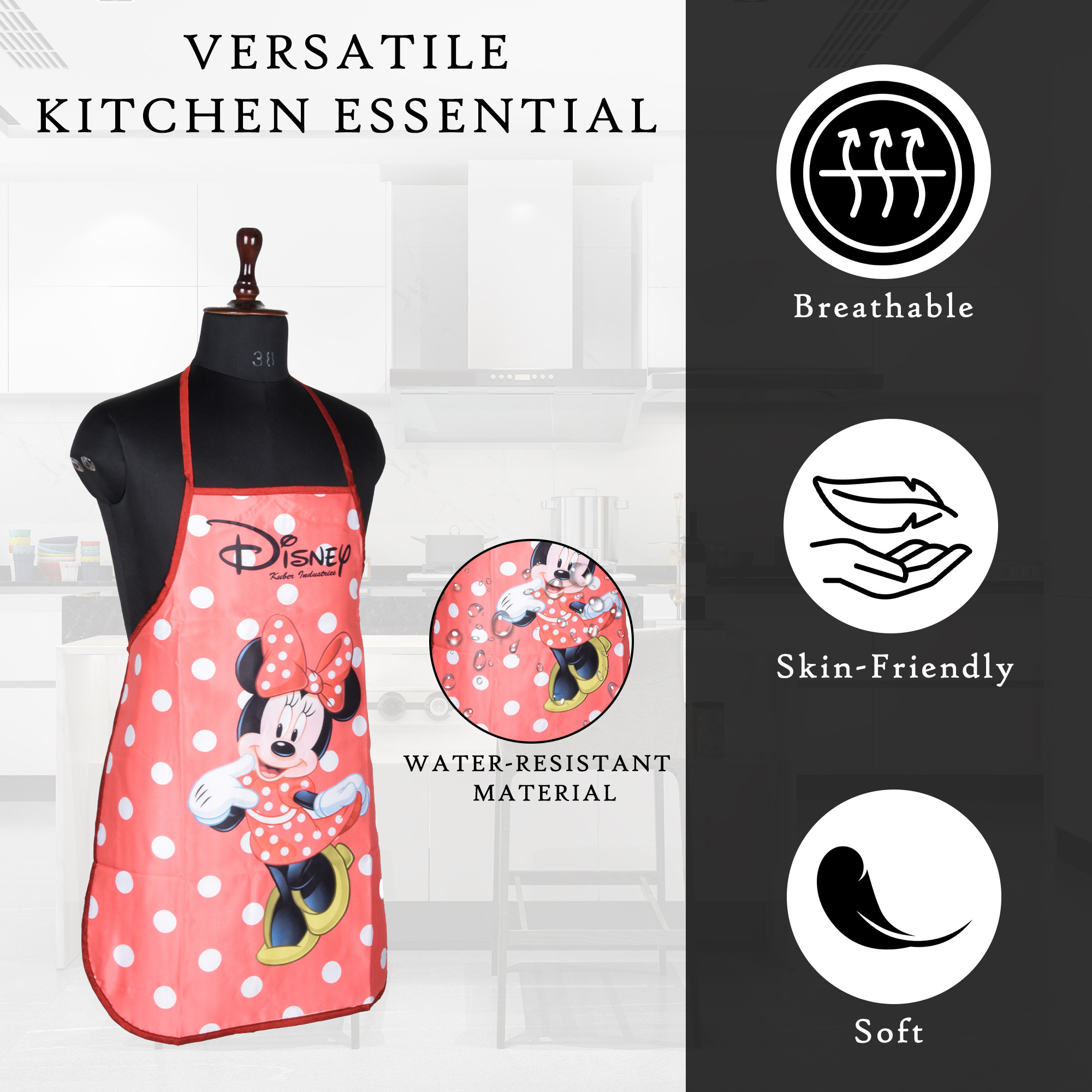 Kuber Industries Kitchen Apron  Apron for Housewife  Disney Minnie Print  Apron for Restaurant  Waterproof Apron  Kitchen Dress for Women  Chef Apron  Cooking Apron for Men  Red