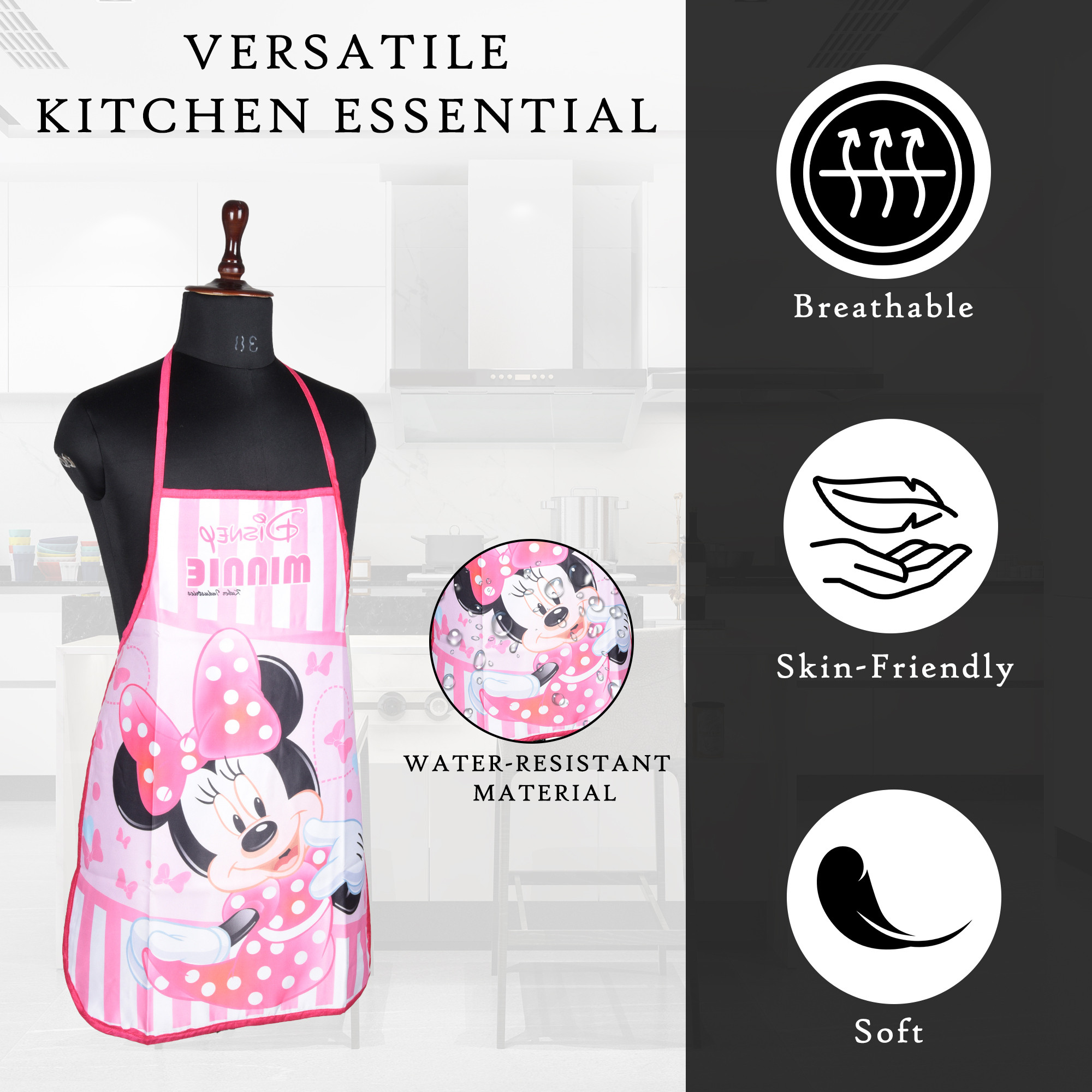 Kuber Industries Kitchen Apron  Apron for Housewife  Disney Minnie Print  Waterproof Apron  Apron for Restaurant  Kitchen Dress for Women  Chef Apron  Cooking Apron for Men  Pink