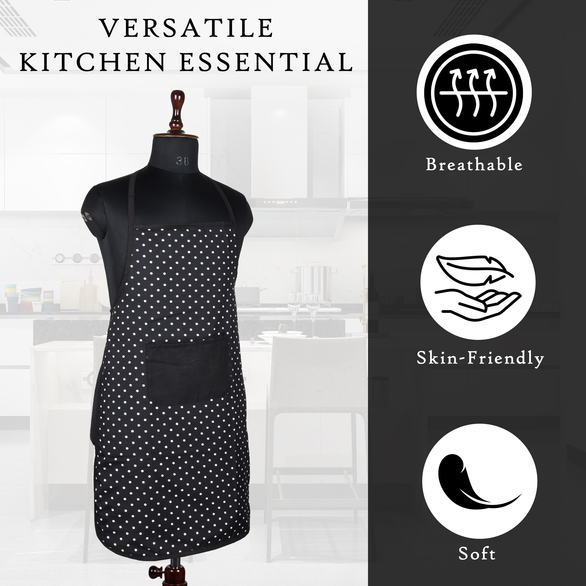 Kuber Industries Kitchen Apron  Apron for Restaurant  Apron for Chef  Cooking Apron for Men  Waterproof Apron  Front Pocket Cooking Cloth  Kitchen Dress for Women  Dot  Black