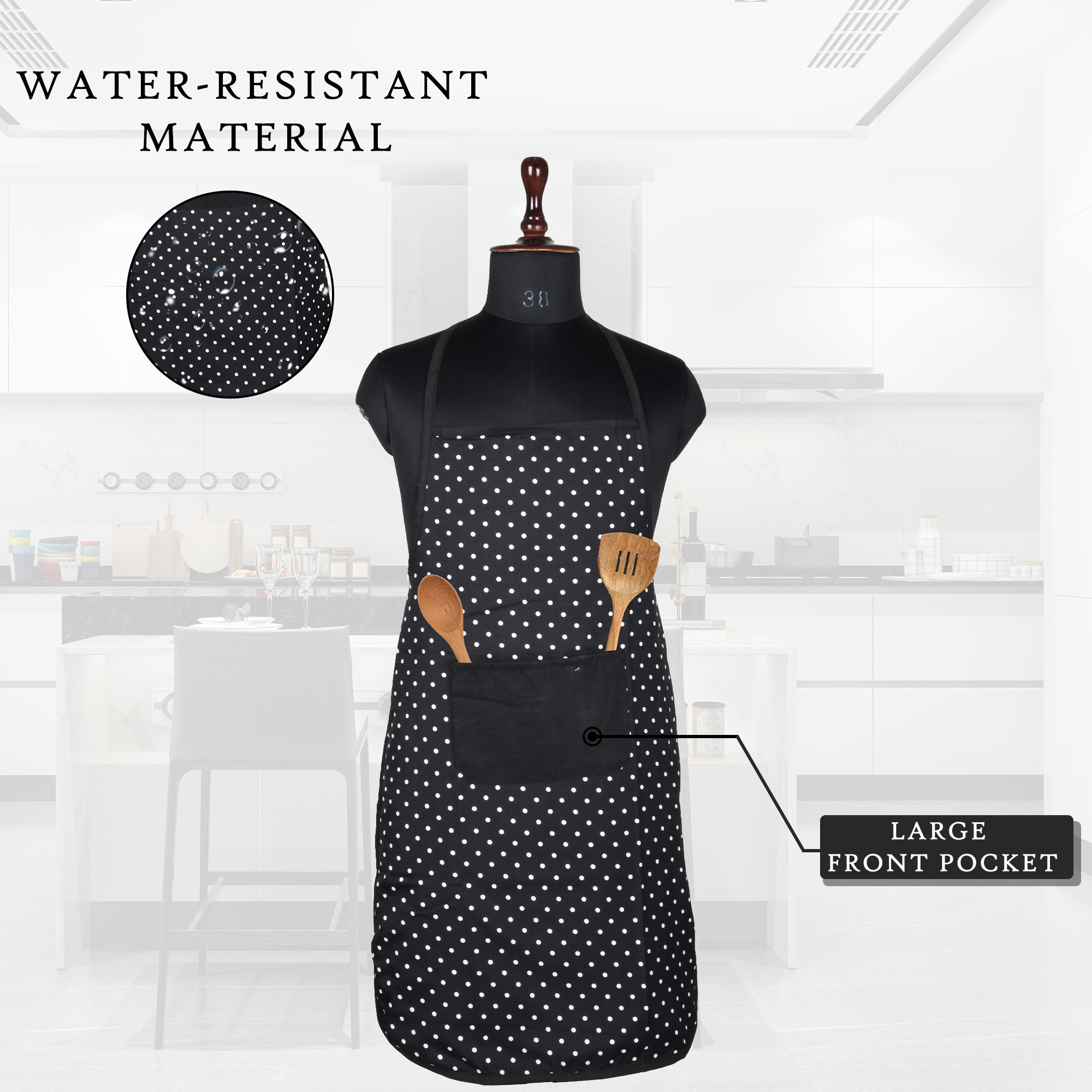 Kuber Industries Kitchen Apron  Apron for Restaurant  Apron for Chef  Cooking Apron for Men  Waterproof Apron  Front Pocket Cooking Cloth  Kitchen Dress for Women  Dot  Black
