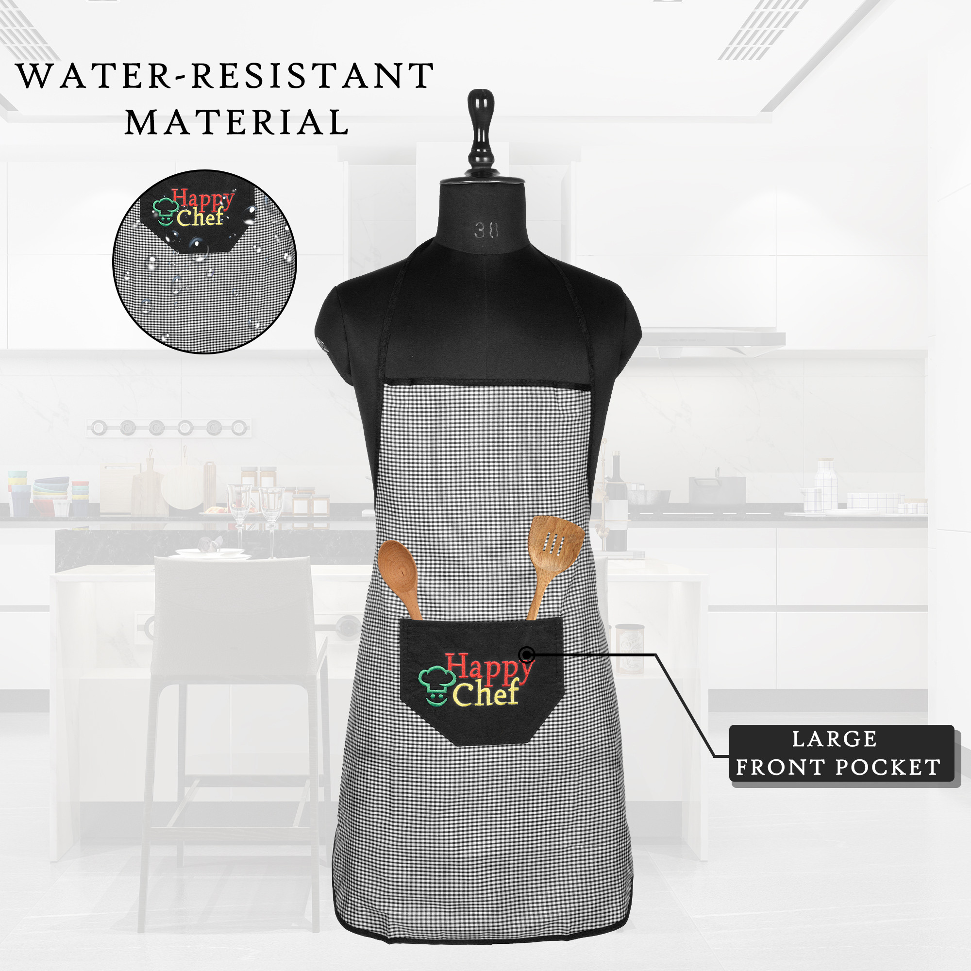Kuber Industries Kitchen Apron  Apron for Restaurant  Front Pocket  Kitchen Dress for Women  Waterproof Apron  Apron for Chef  Cooking Apron for Men  Barik Check  Black
