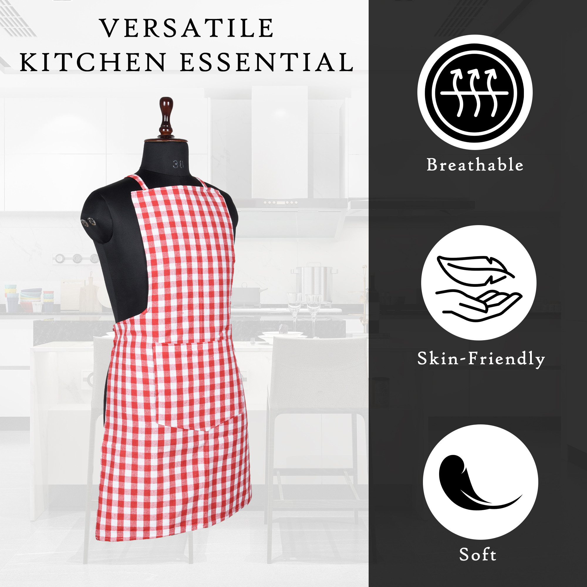 Kuber Industries Kitchen Apron  Apron for Restaurant  Kitchen Dress for Women  Housewife Apron  Front Pocket  Apron for Chef  Cooking Apron for Men  Mota Check  Red