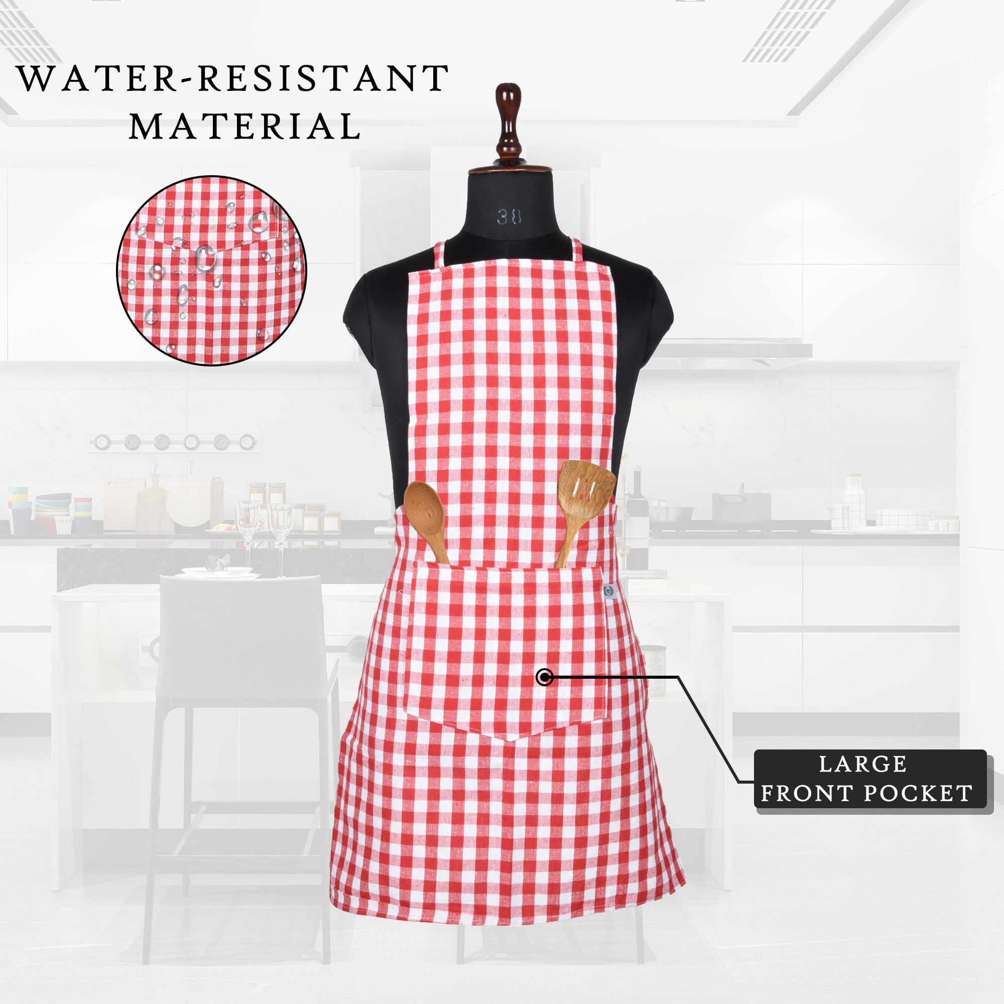 Kuber Industries Kitchen Apron  Apron for Restaurant  Kitchen Dress for Women  Housewife Apron  Front Pocket  Apron for Chef  Cooking Apron for Men  Mota Check  Red