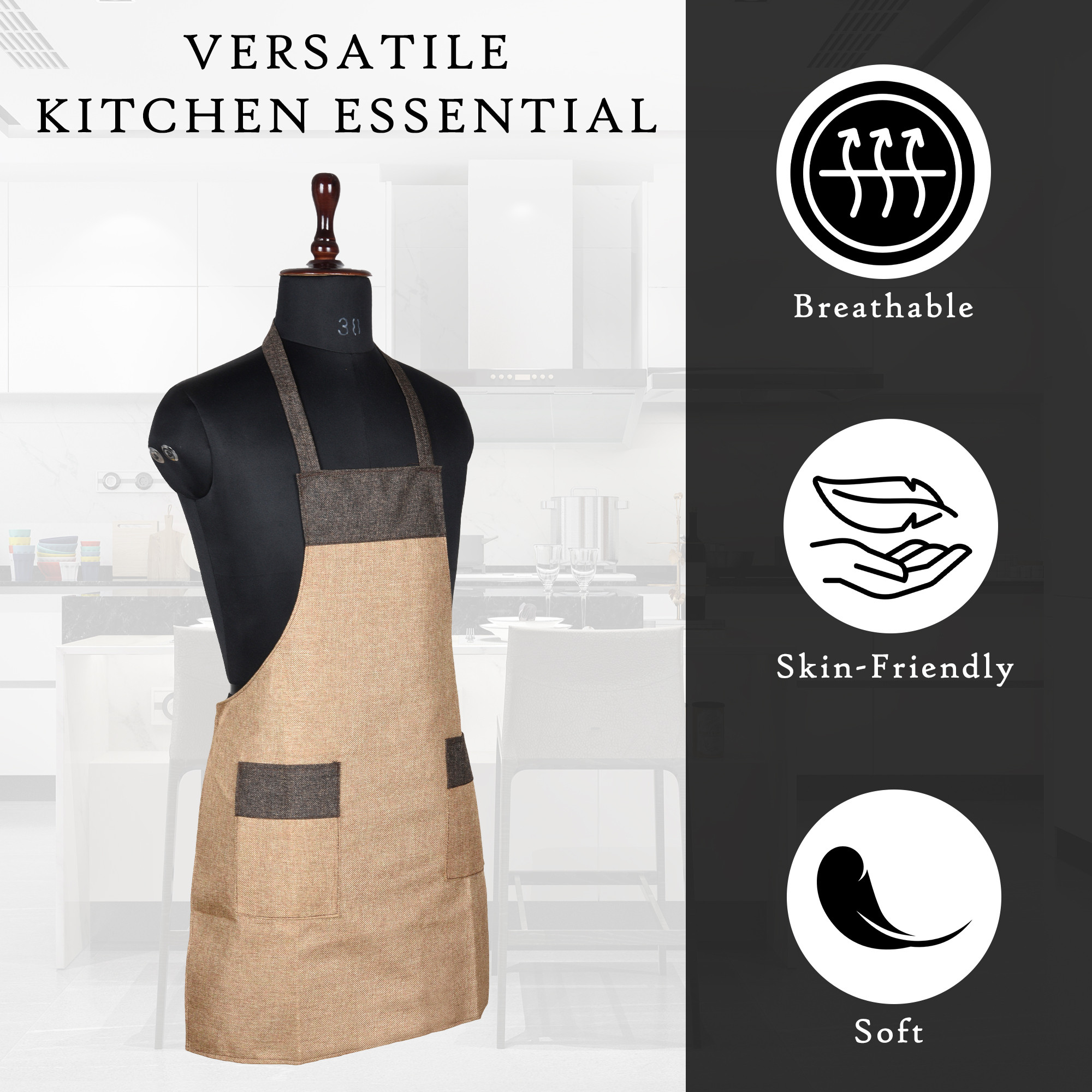 Kuber Industries Kitchen Apron  Apron for Restaurant  Kitchen Dress for Women  Water-Resistant Apron  Housewife Apron  Two Pocket  Jute Fabric  Cooking Apron for Men  Golden